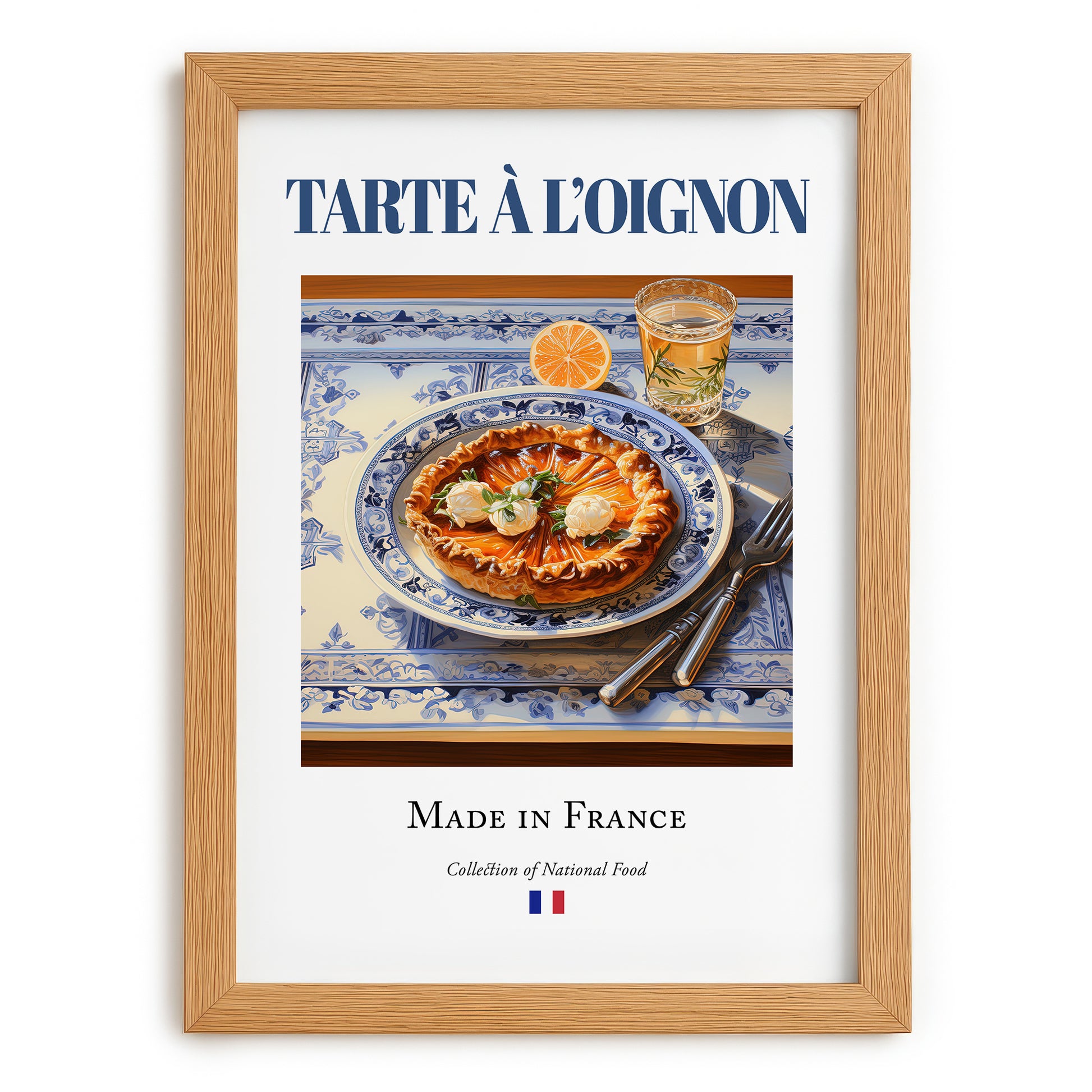 Tarte à l'oignon – French Dish, Fine Dining Restaurant Illustration, set in oak frame