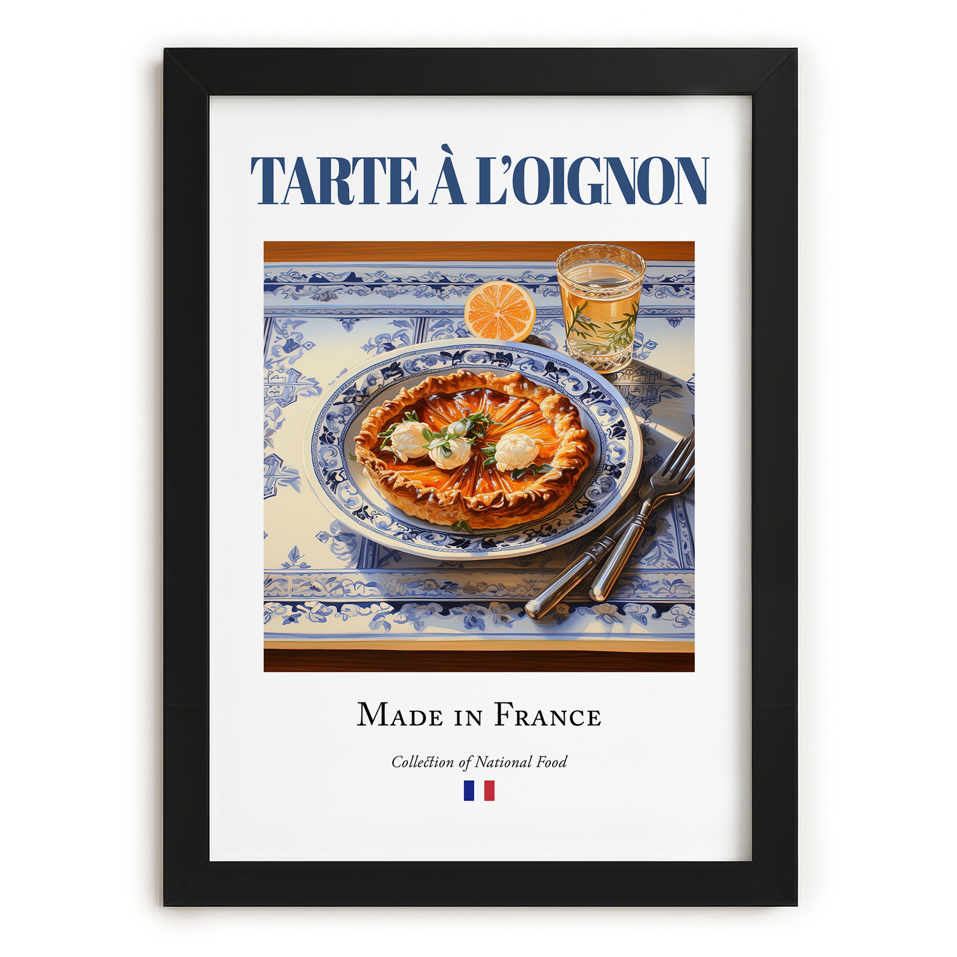 Tarte à l'oignon – French Dish, Fine Dining Restaurant Illustration, in sleek black frame