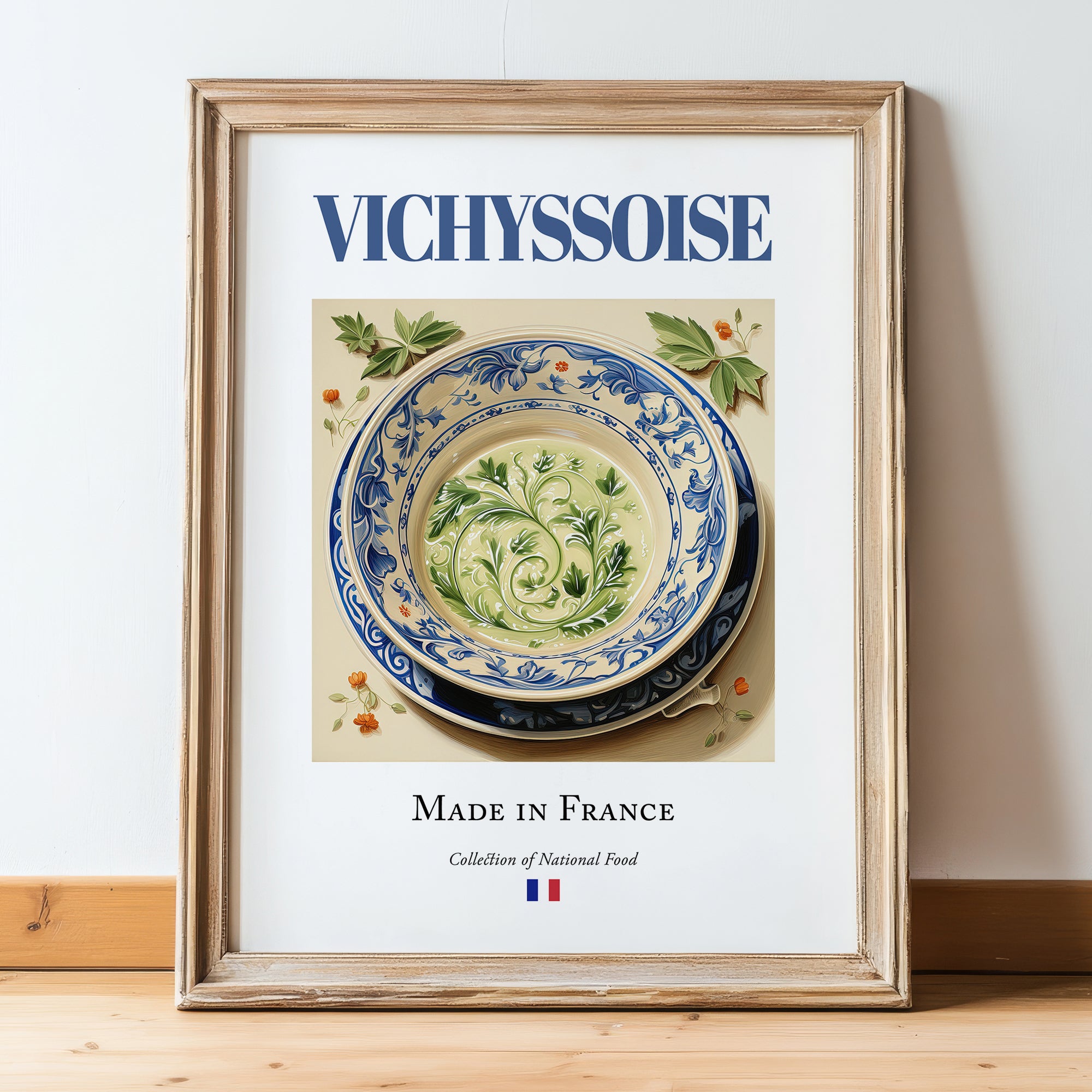Vichyssoise – French Soup Dish, Restaurant Art, in wooden frame leaning on the floor