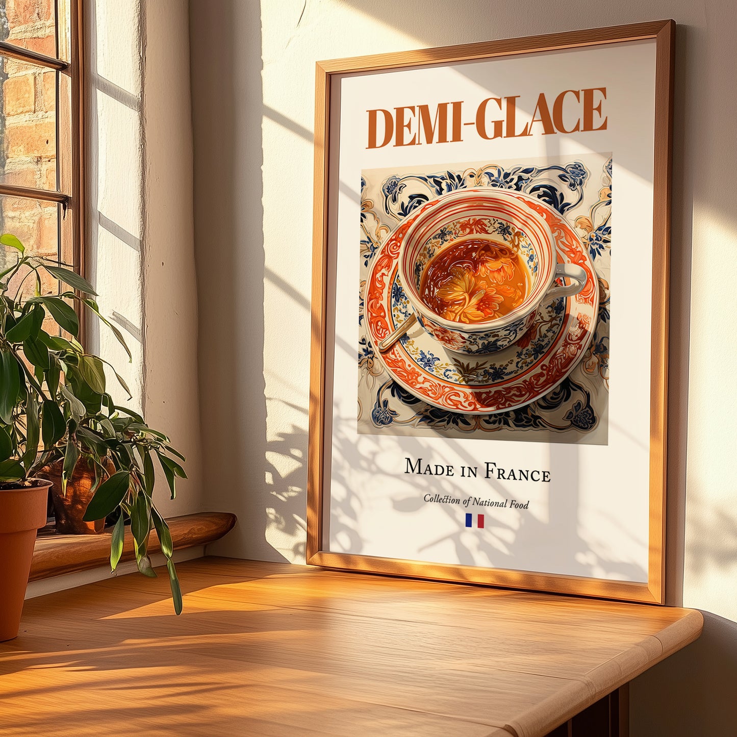 Demi-glace – French Sauce Dish, Bistro Wall Decor, no-text version framed in wood