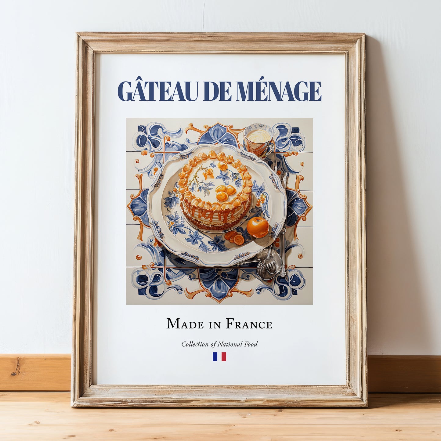 Gâteau de ménage – French Dish, Food Bar Wall Decor, in wooden frame leaning on the floor
