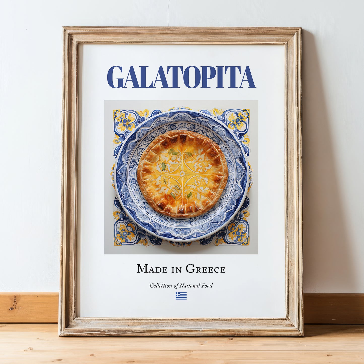 Galatopita – Greek Dish, Food Bar Poster, in wooden frame leaning on the floor