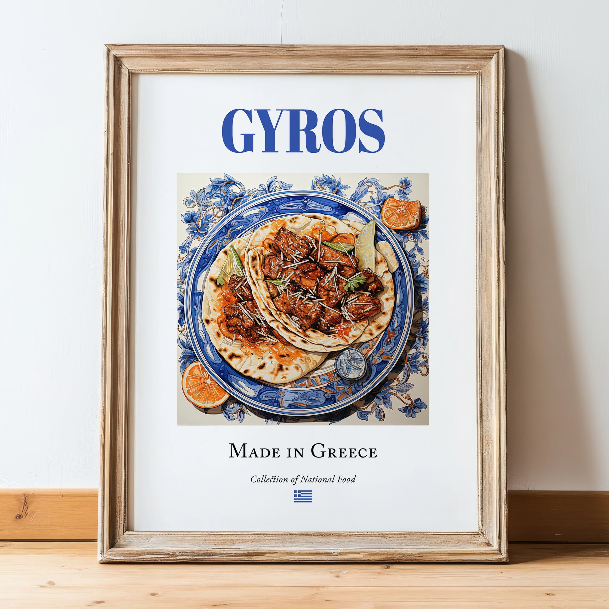 Gyros – Greek Meat Dish, Bistro Print, in wooden frame leaning on the floor