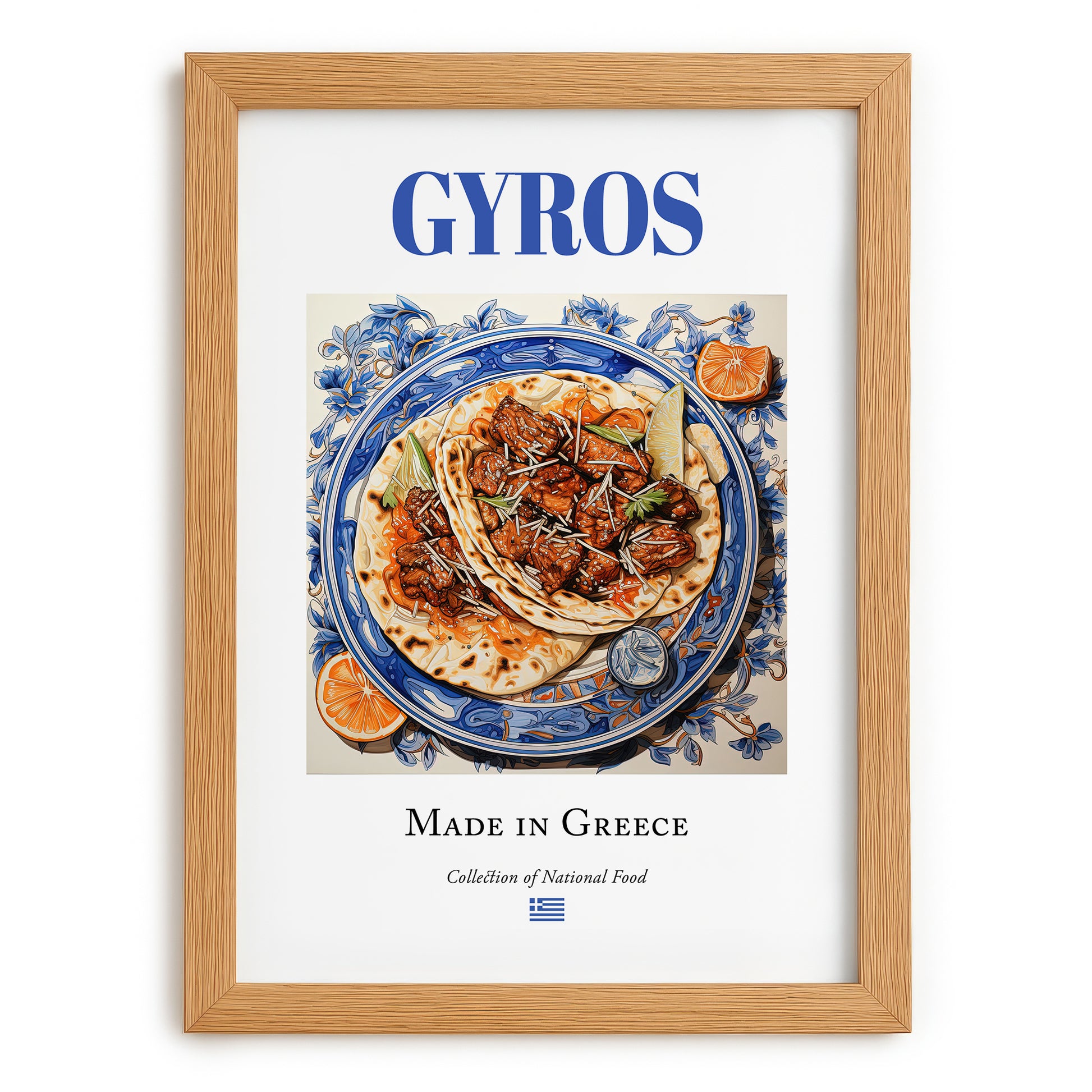 Gyros – Greek Meat Dish, Bistro Print, set in oak frame