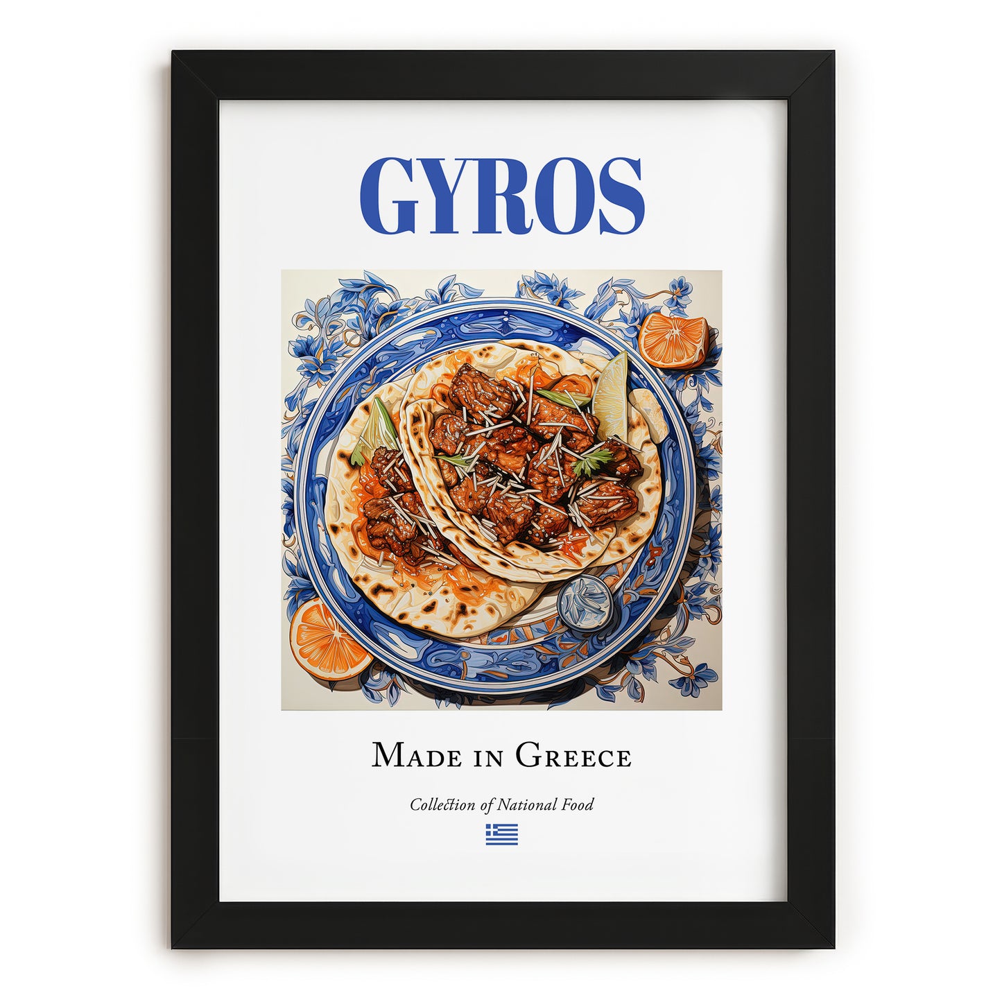 Gyros – Greek Meat Dish, Bistro Print, in sleek black frame