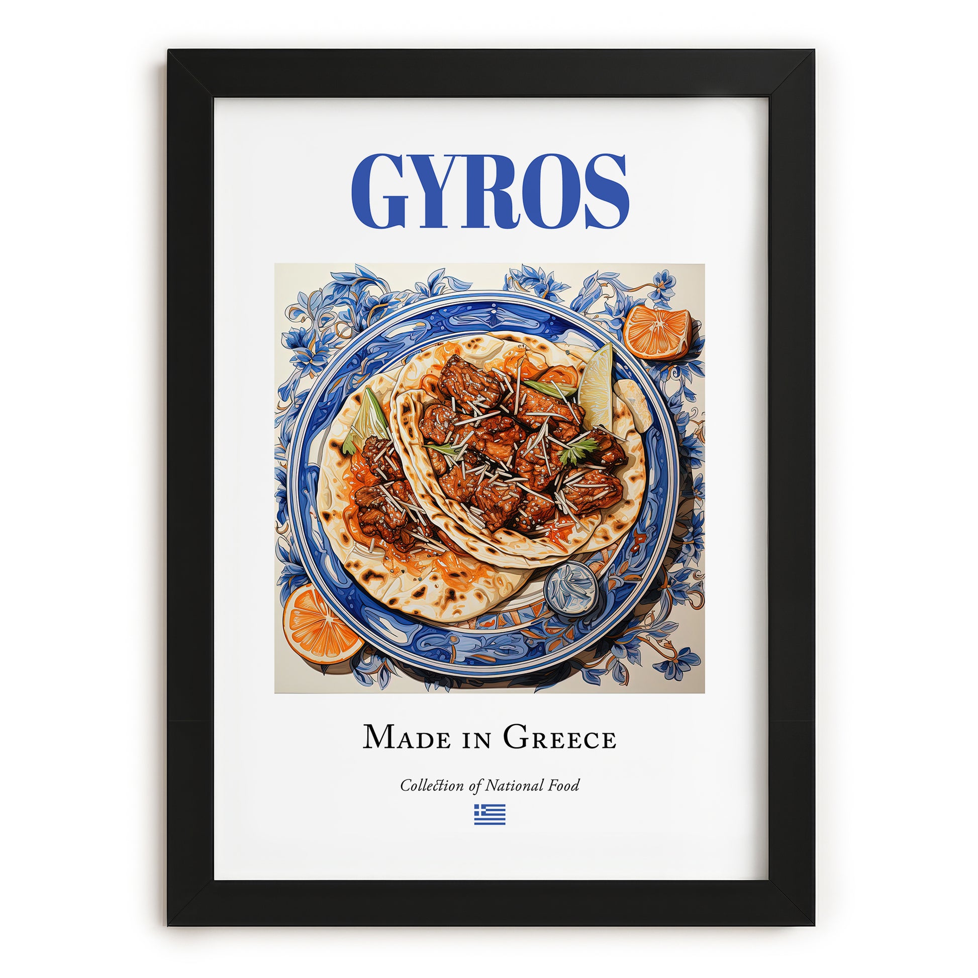 Gyros – Greek Meat Dish, Bistro Print, in sleek black frame