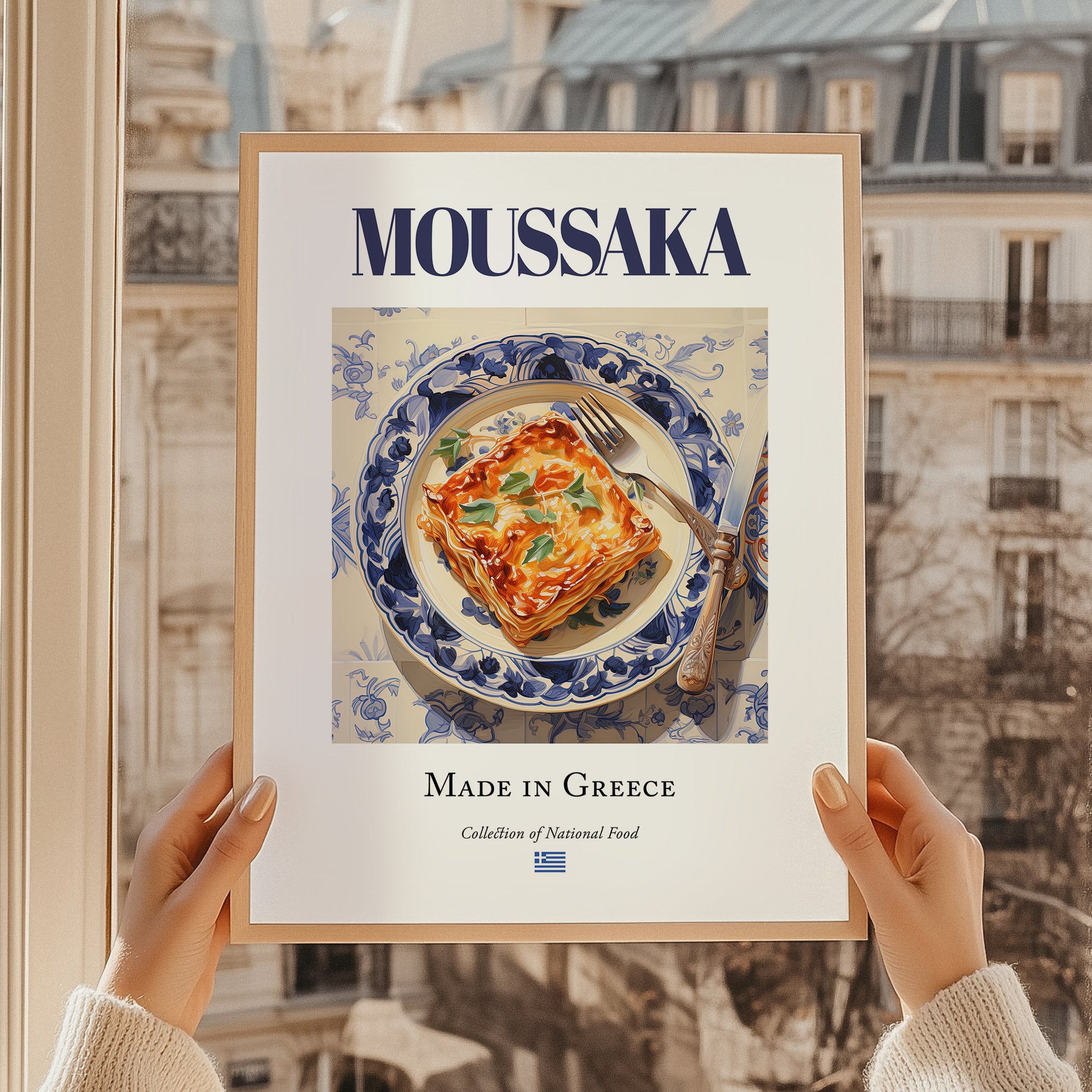 Moussaka – Greek Meat Dish, Restaurant Still Life, styled in a charming Paris street view