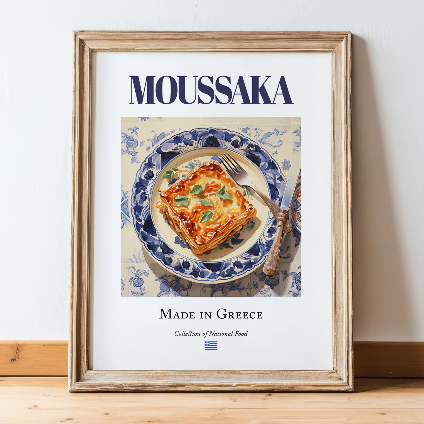 Moussaka – Greek Meat Dish, Restaurant Still Life, in wooden frame leaning on the floor