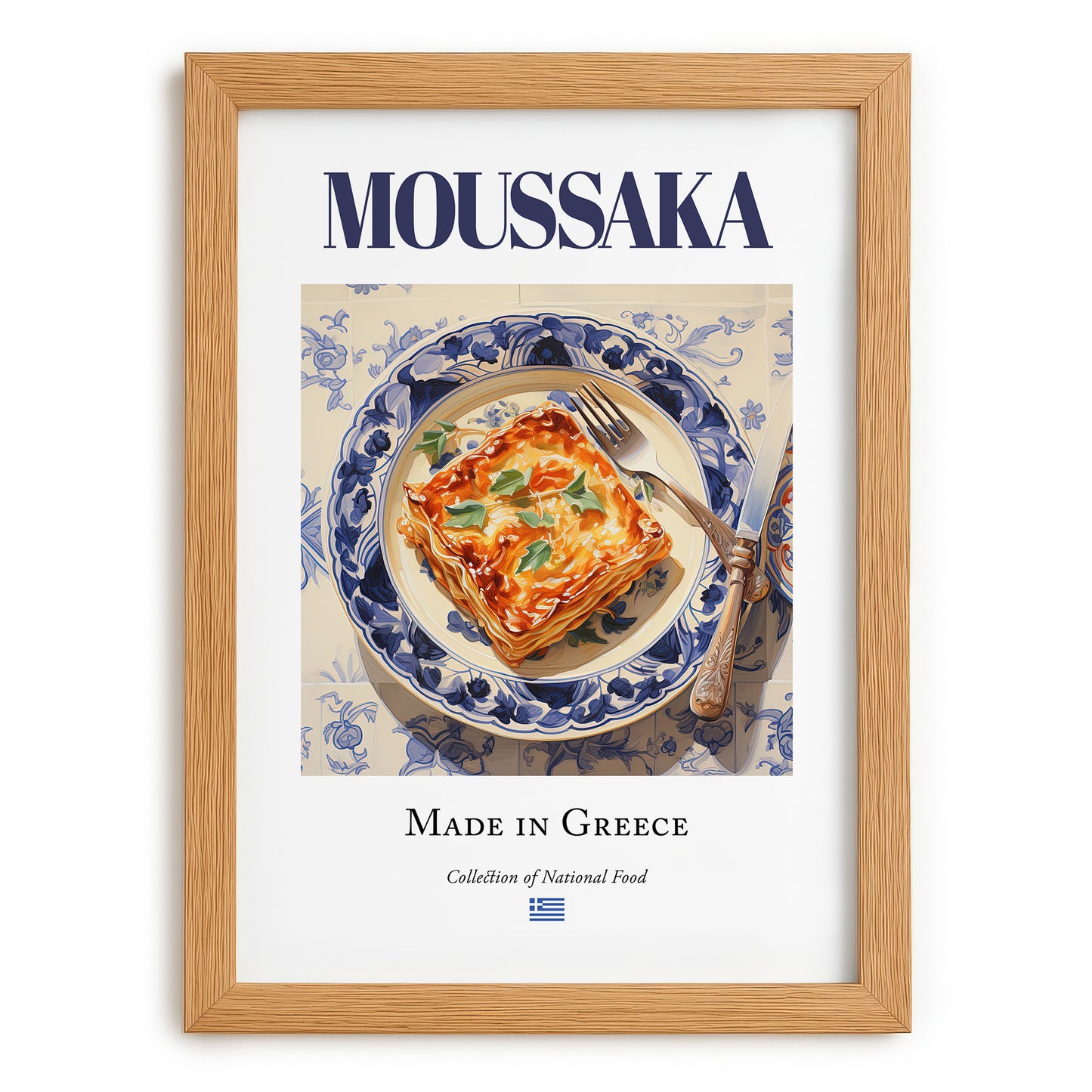 Moussaka – Greek Meat Dish, Restaurant Still Life, set in oak frame
