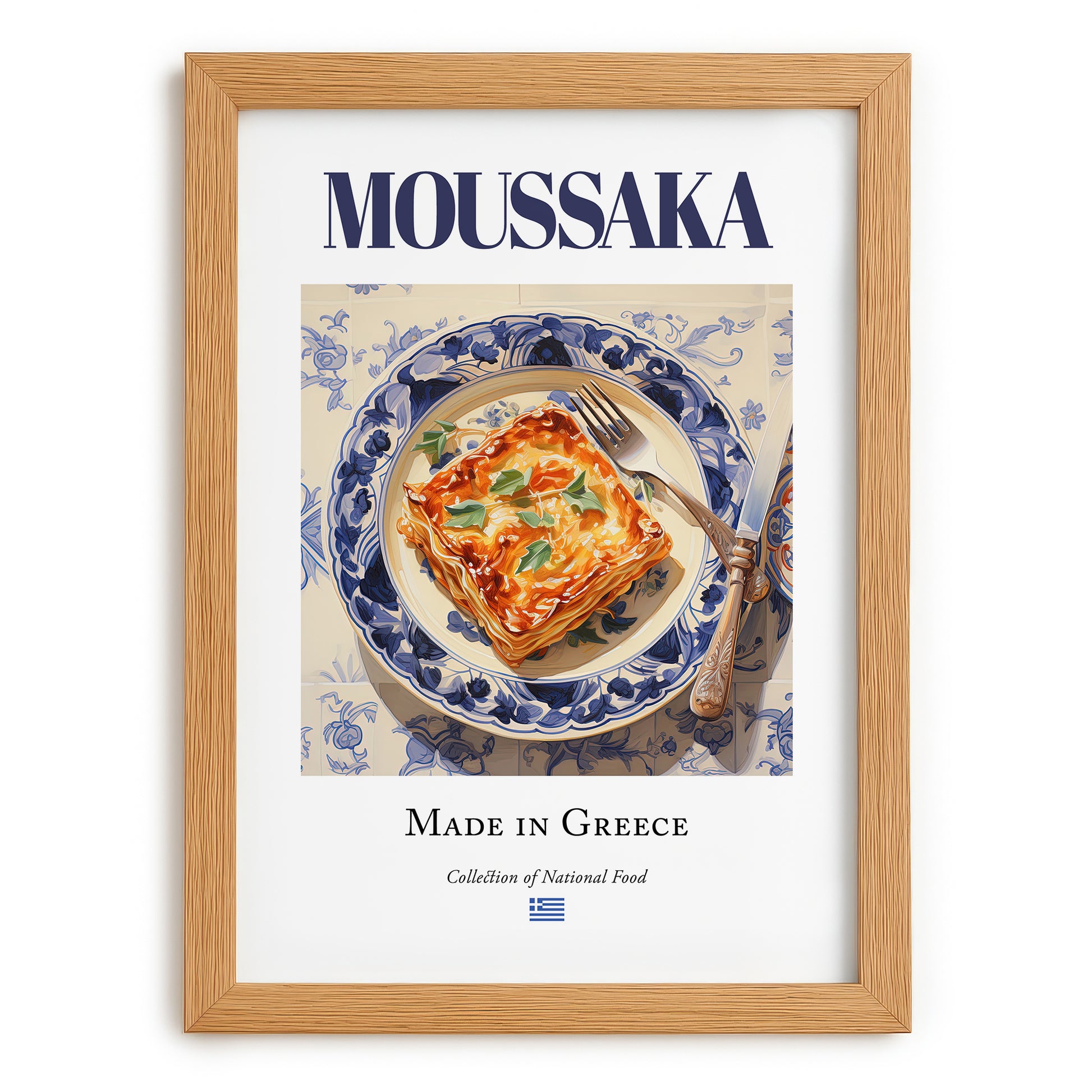 Moussaka – Greek Meat Dish, Restaurant Still Life, set in oak frame