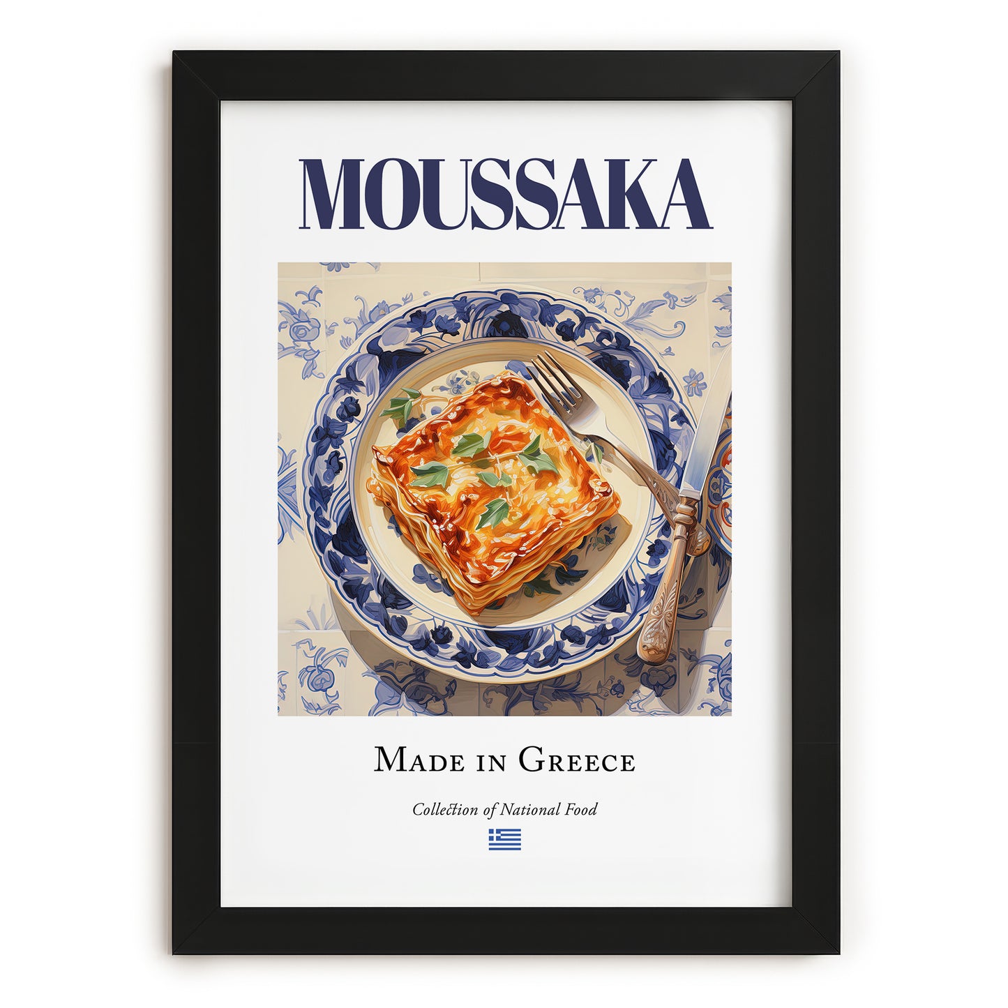 Moussaka – Greek Meat Dish, Restaurant Still Life, in sleek black frame