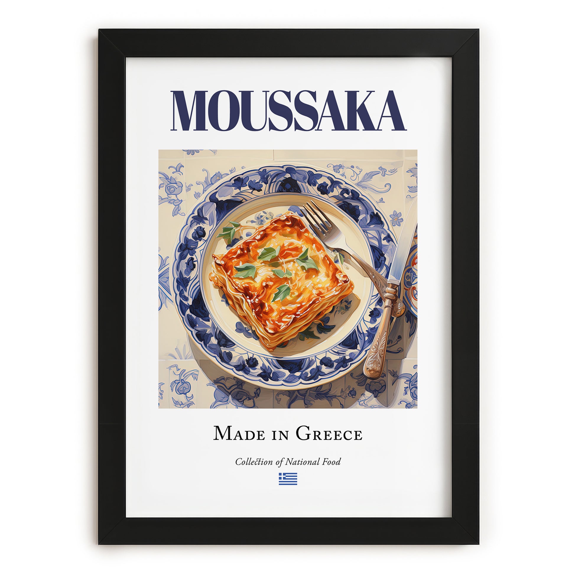 Moussaka – Greek Meat Dish, Restaurant Still Life, in sleek black frame