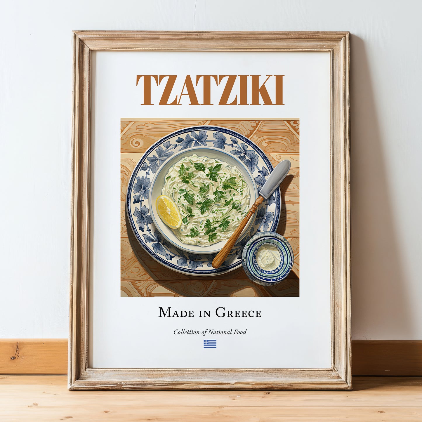 Tzatziki – Greek Dip Dish, Tavern Art, in wooden frame leaning on the floor