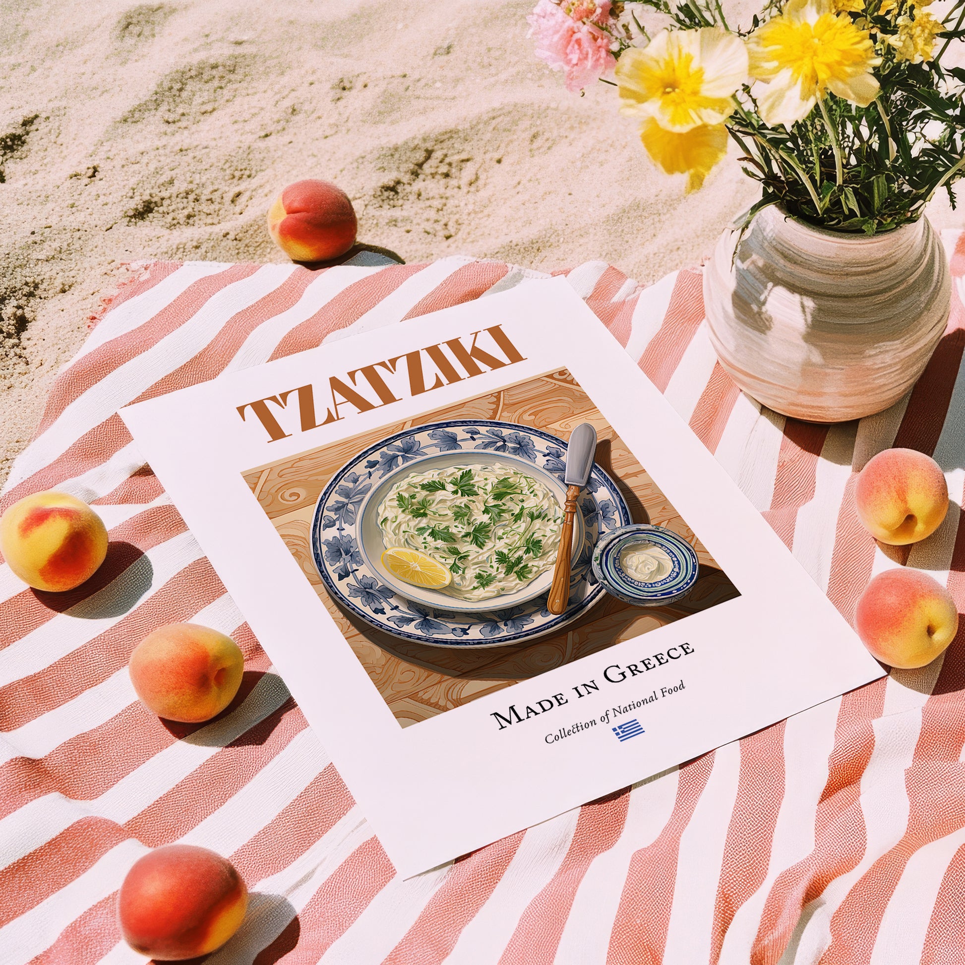 Tzatziki – Greek Dip Dish, Tavern Art, unframed on coastal sand