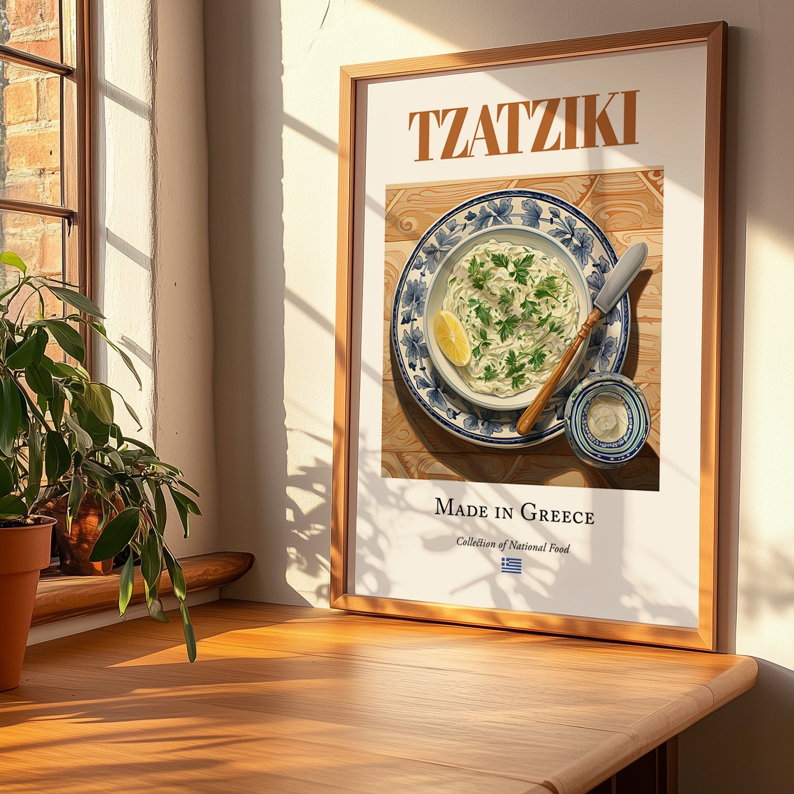 Tzatziki – Greek Dip Dish, Tavern Art, no-text version framed in wood