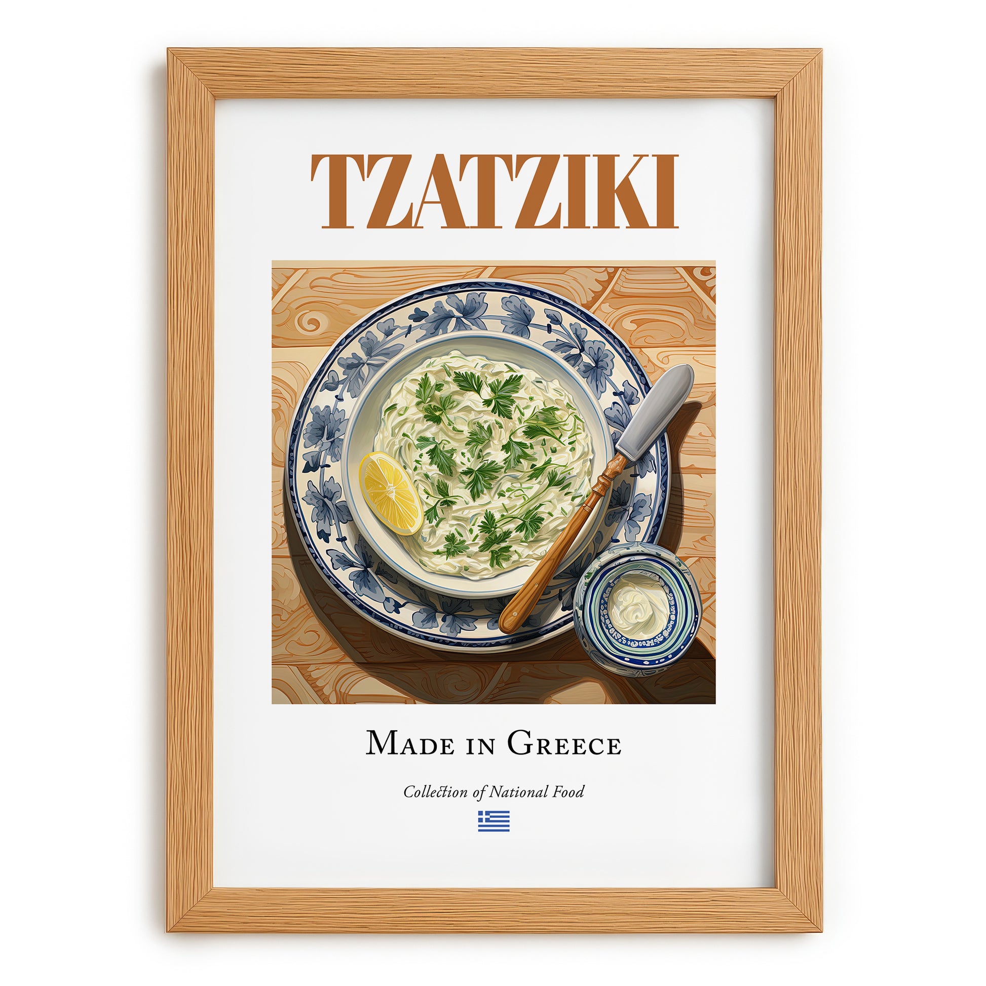 Tzatziki – Greek Dip Dish, Tavern Art, set in oak frame
