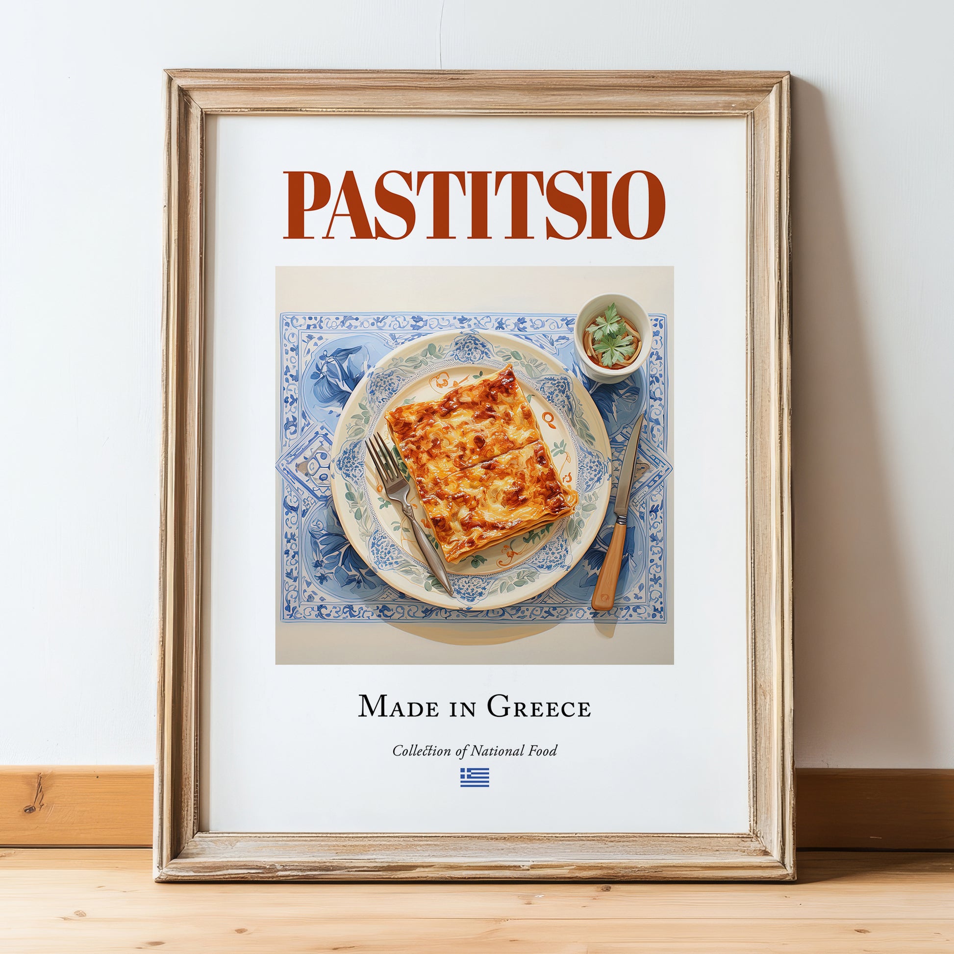 Pastitsio – Greek Meat Dish, Tavern Wall Decor, in wooden frame leaning on the floor