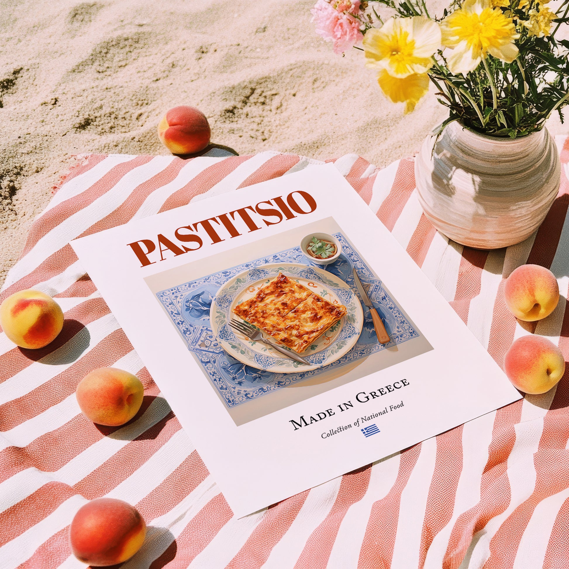 Pastitsio – Greek Meat Dish, Tavern Wall Decor, unframed on coastal sand