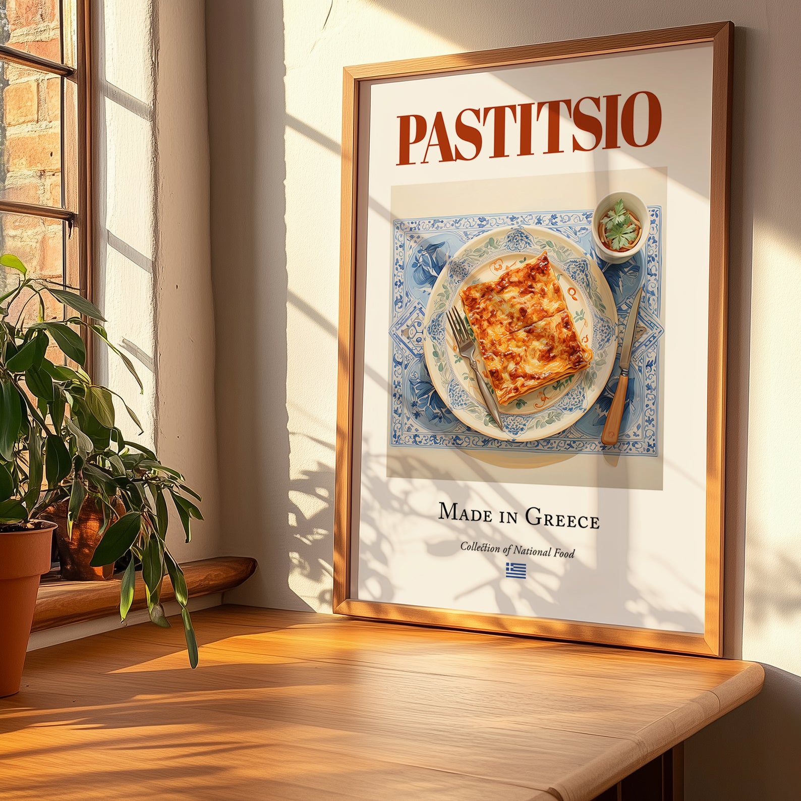 Pastitsio – Greek Meat Dish, Tavern Wall Decor, no-text version framed in wood