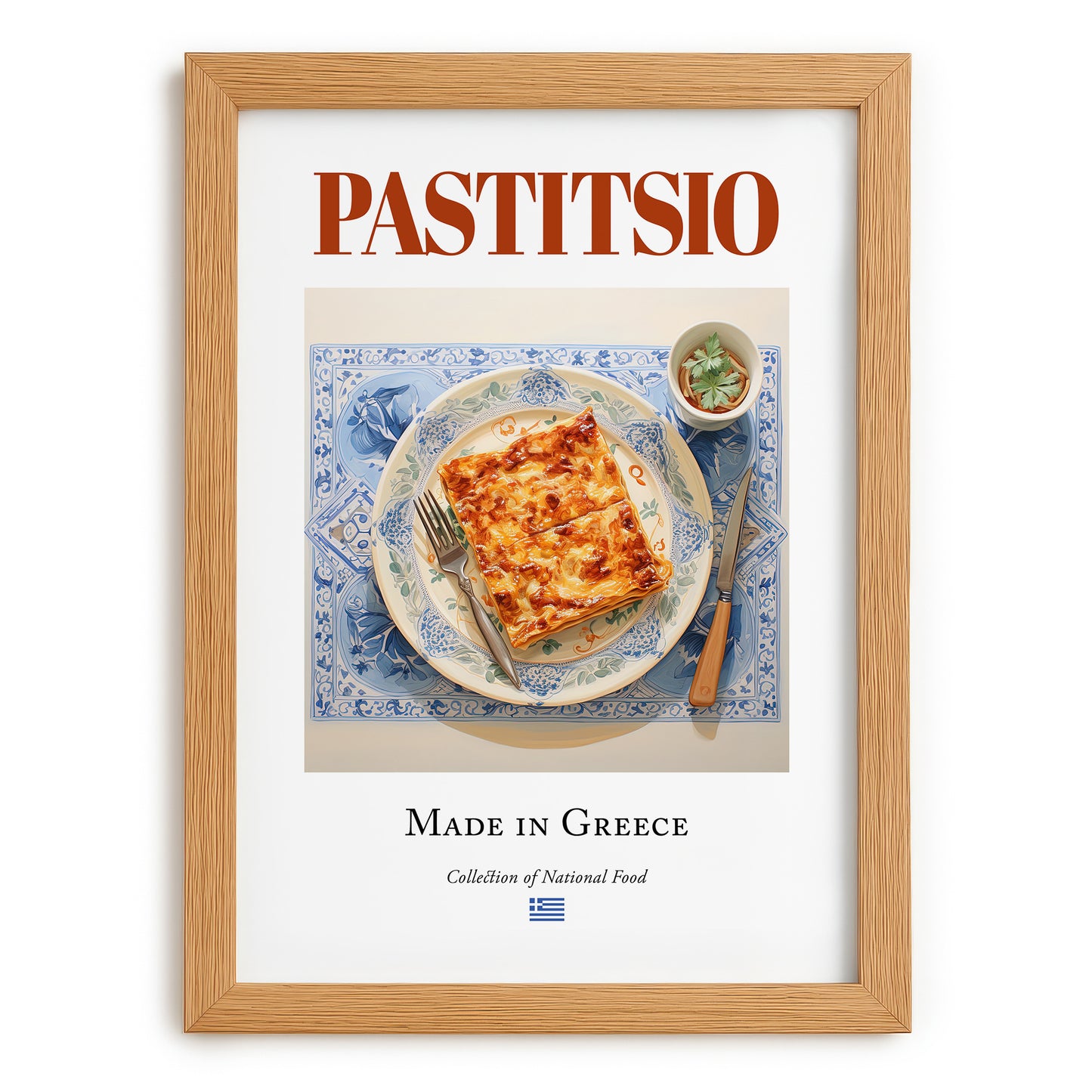 Pastitsio – Greek Meat Dish, Tavern Wall Decor, set in oak frame