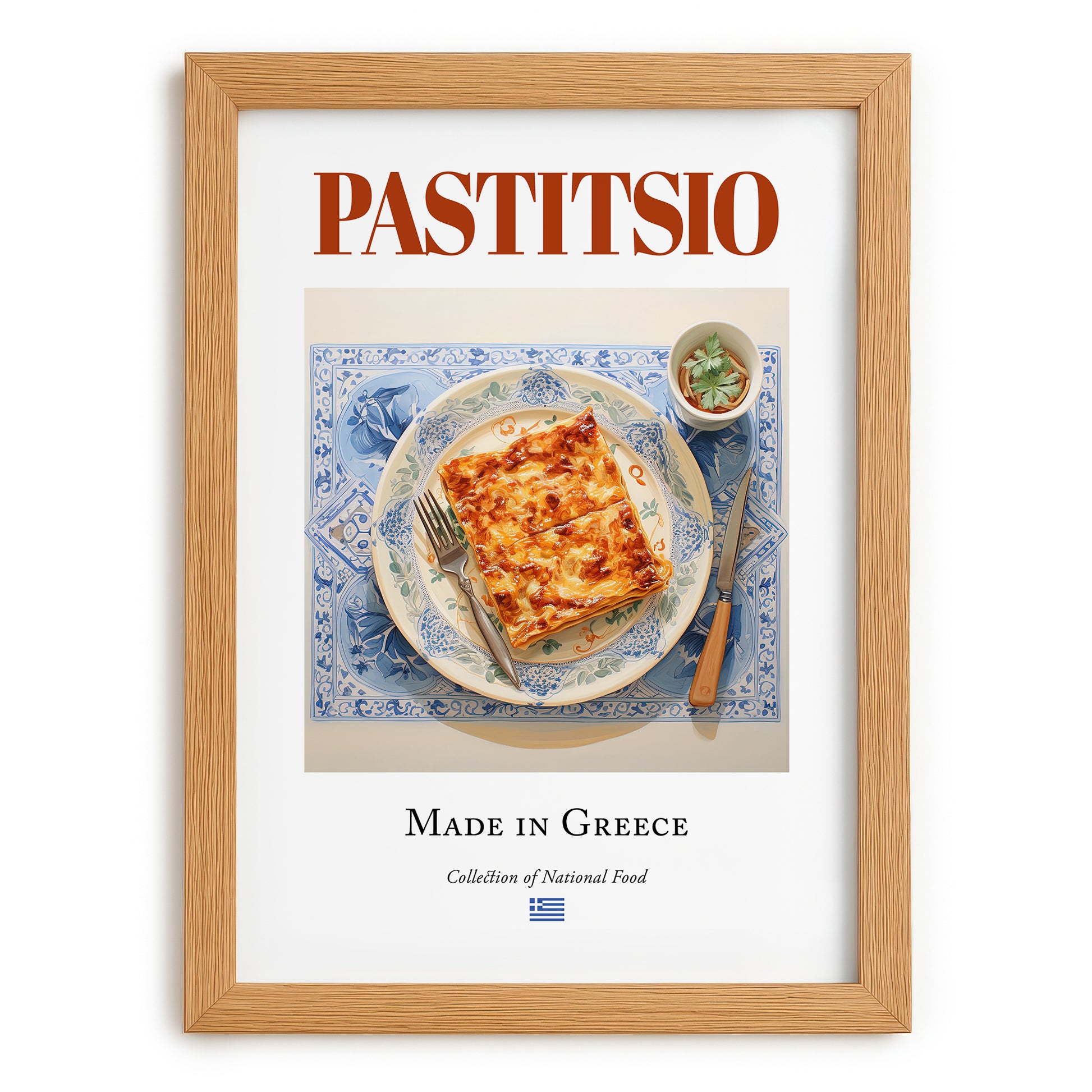 Pastitsio – Greek Meat Dish, Tavern Wall Decor, set in oak frame