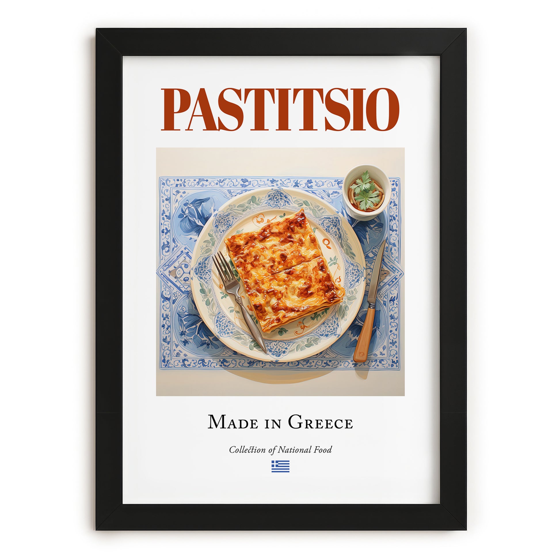 Pastitsio – Greek Meat Dish, Tavern Wall Decor, in sleek black frame