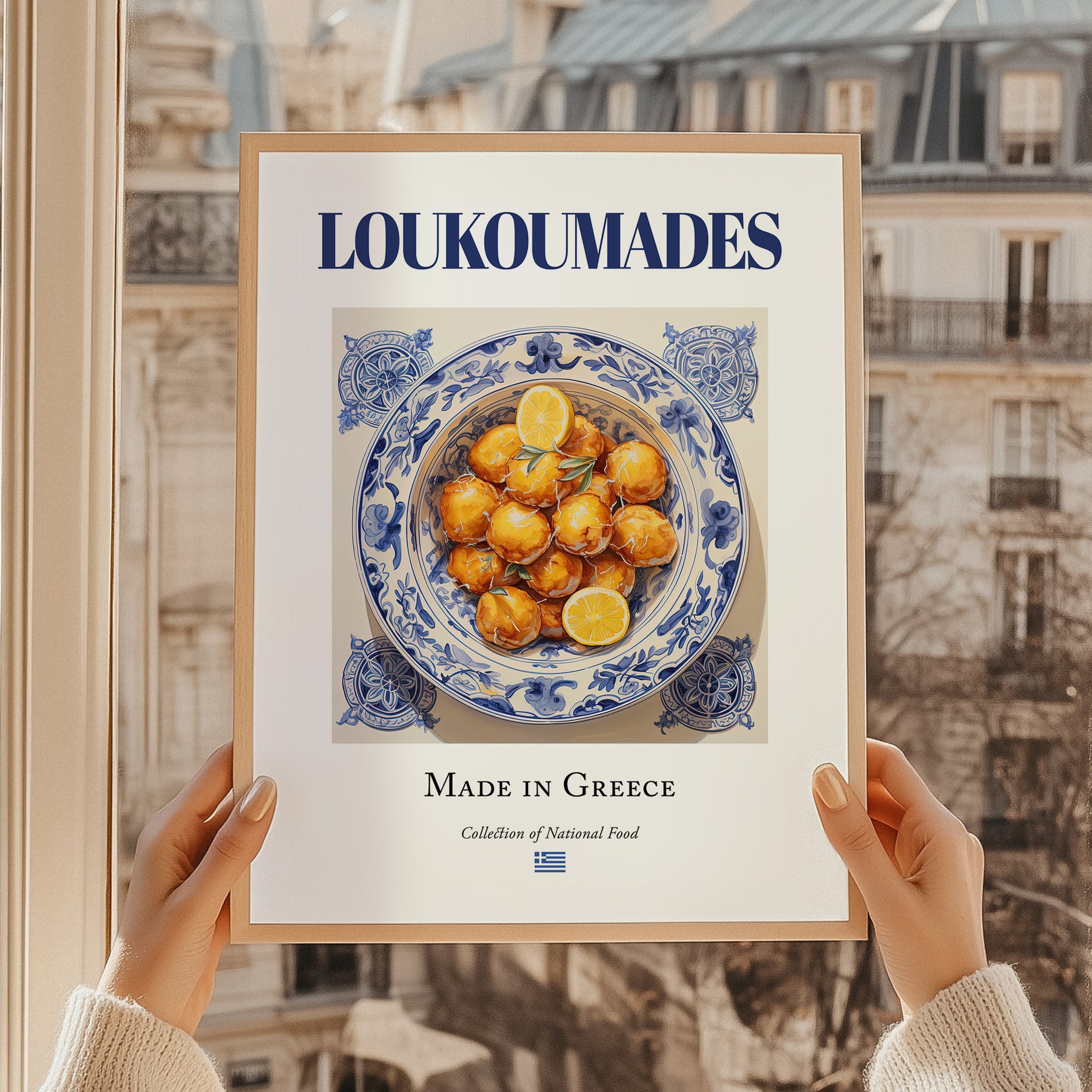 Loukoumades – Greek Dessert Dish, Farmhouse Kitchen Wall Decor, styled in a charming Paris street view