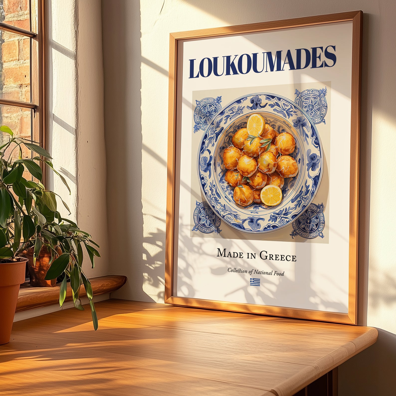 Loukoumades – Greek Dessert Dish, Farmhouse Kitchen Wall Decor, no-text version framed in wood