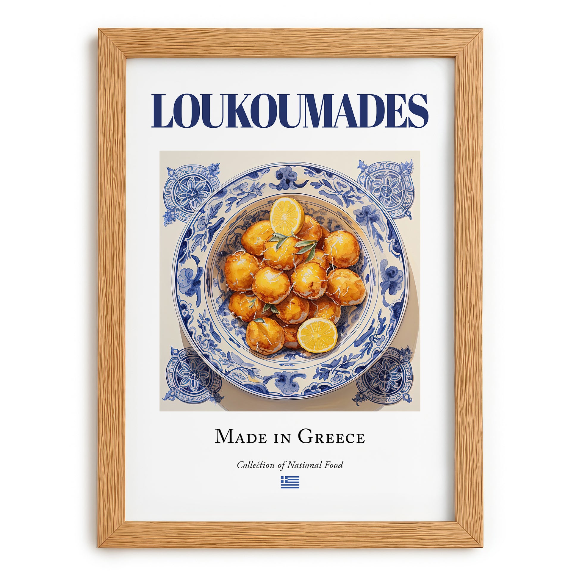 Loukoumades – Greek Dessert Dish, Farmhouse Kitchen Wall Decor, set in oak frame