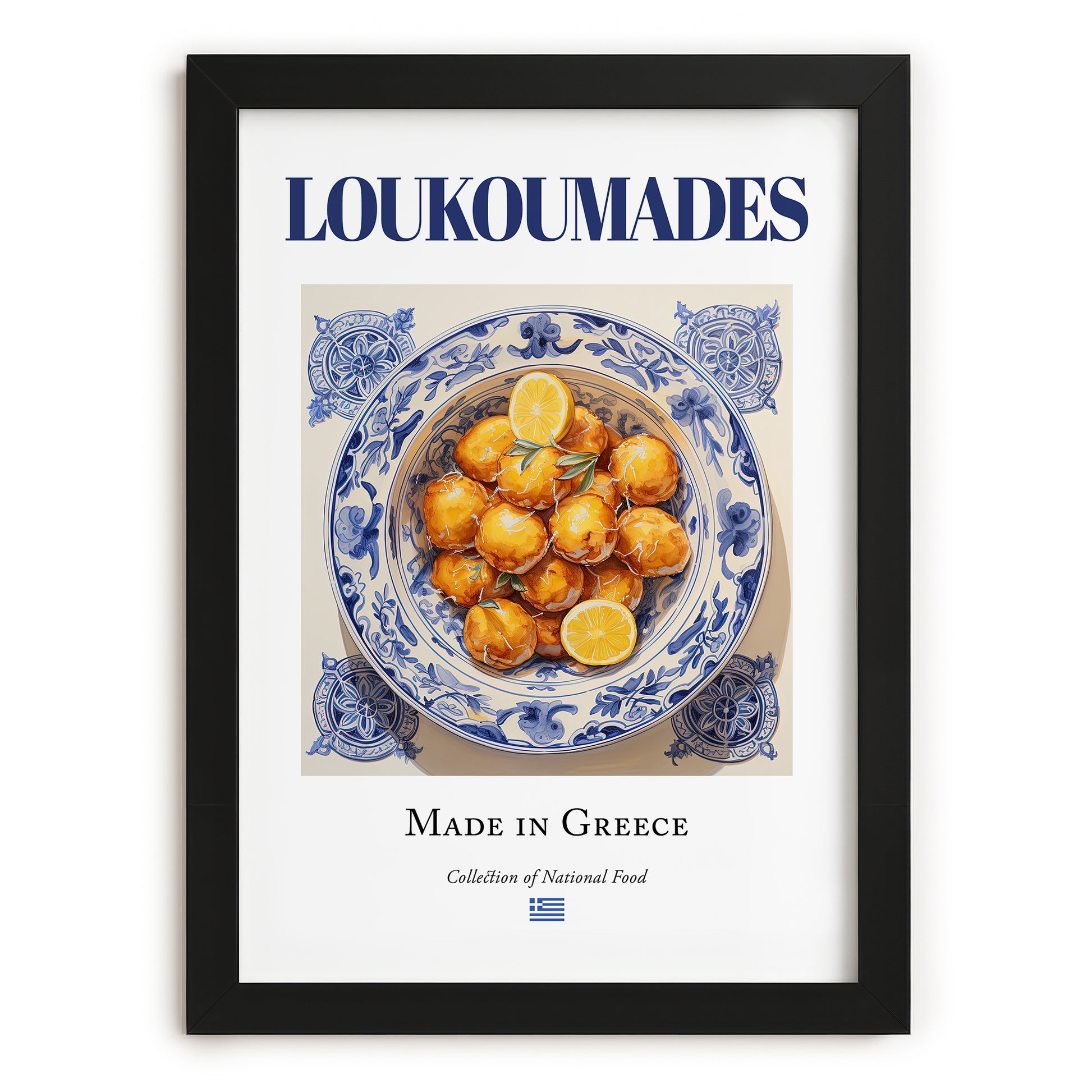 Loukoumades – Greek Dessert Dish, Farmhouse Kitchen Wall Decor, in sleek black frame