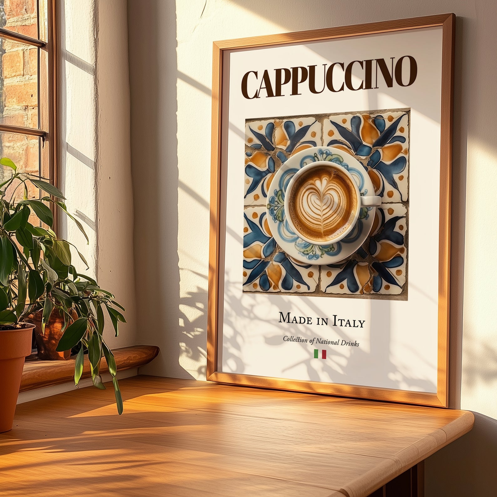 Cappuccino – Italian Coffee, Coffeehouse Still Life, no-text version framed in wood