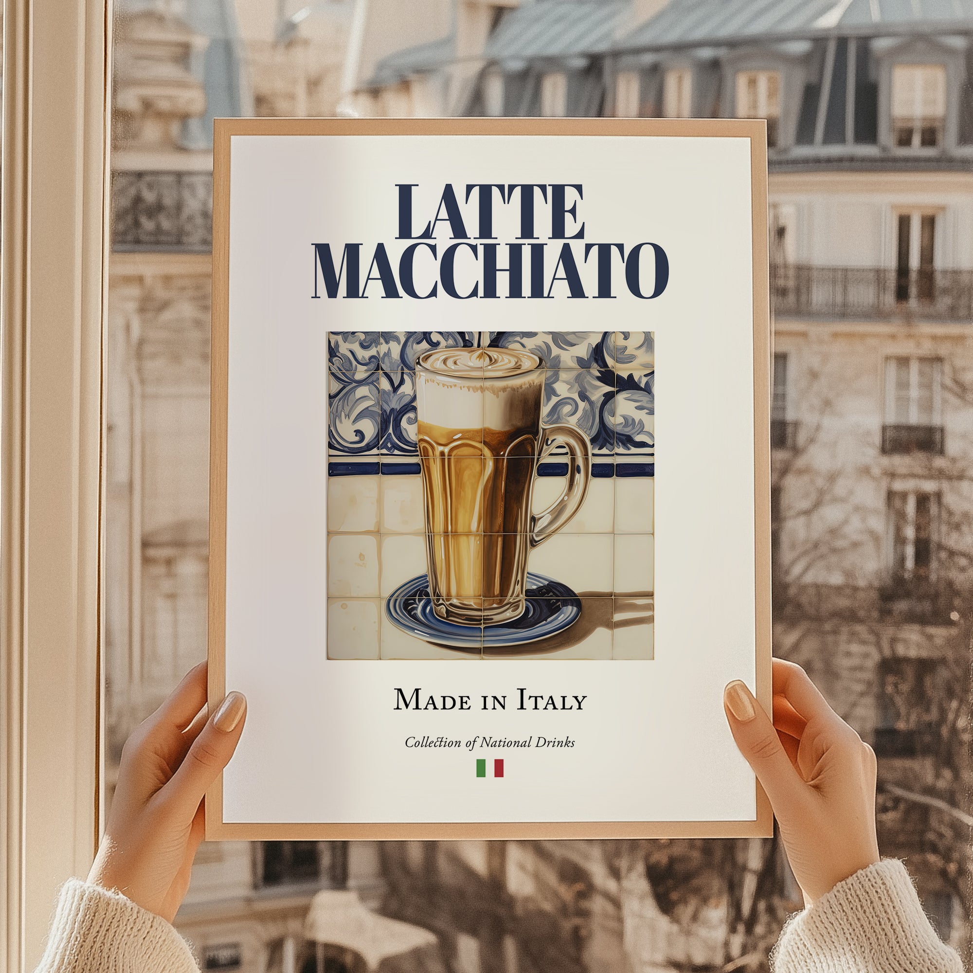 Latte macchiato – Italian Coffee, Book Café Print, styled in a charming Paris street view