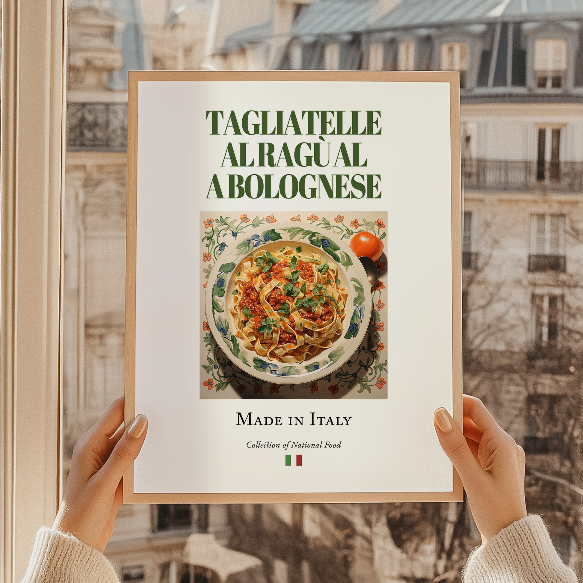 Tagliatelle al ragù alla Bolognese – Italian Pasta, Trattoria Poster, styled in a charming Paris street view