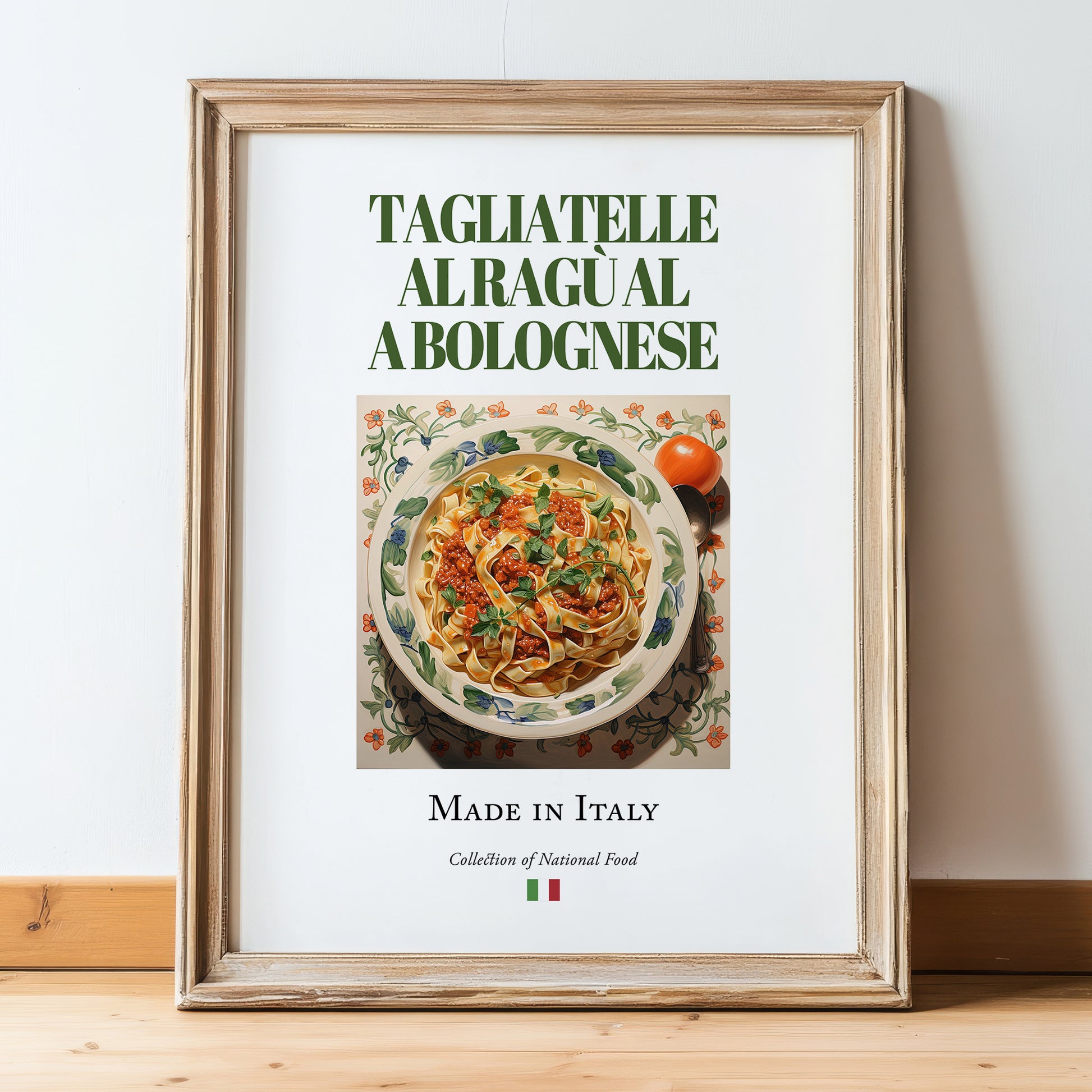 Tagliatelle al ragù alla Bolognese – Italian Pasta, Trattoria Poster, in wooden frame leaning on the floor