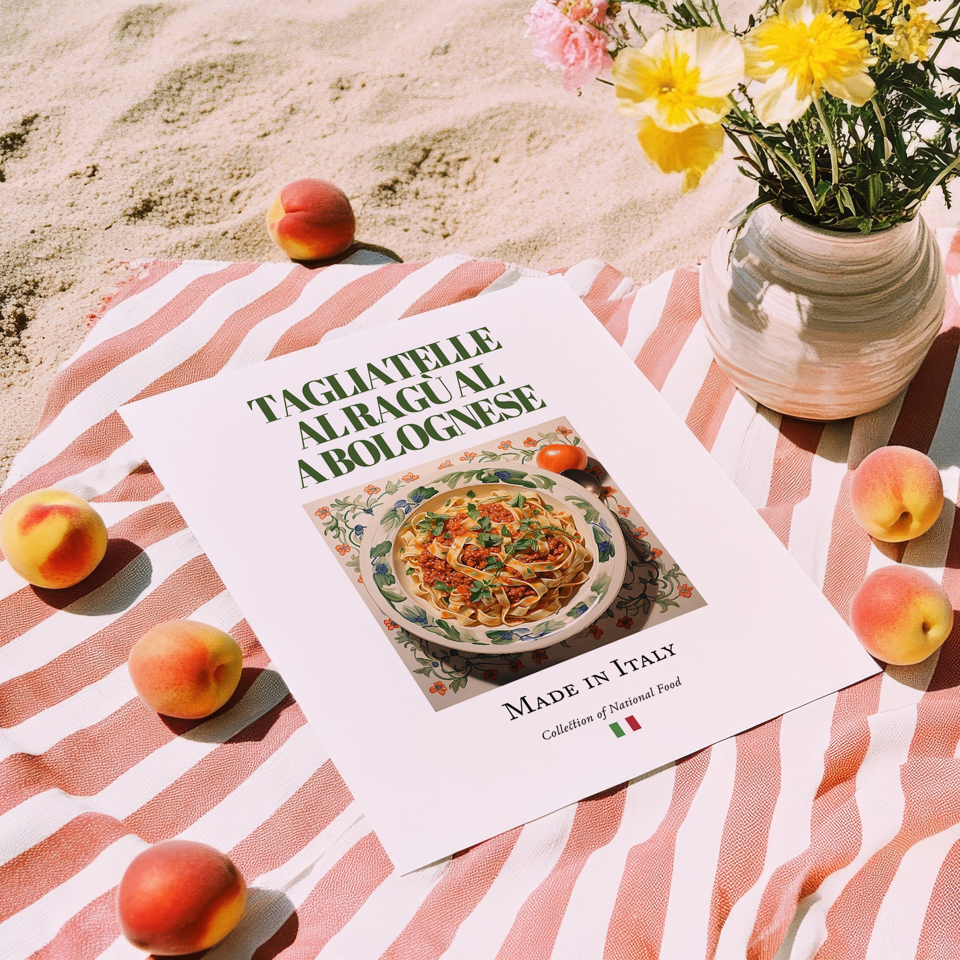 Tagliatelle al ragù alla Bolognese – Italian Pasta, Trattoria Poster, unframed on coastal sand