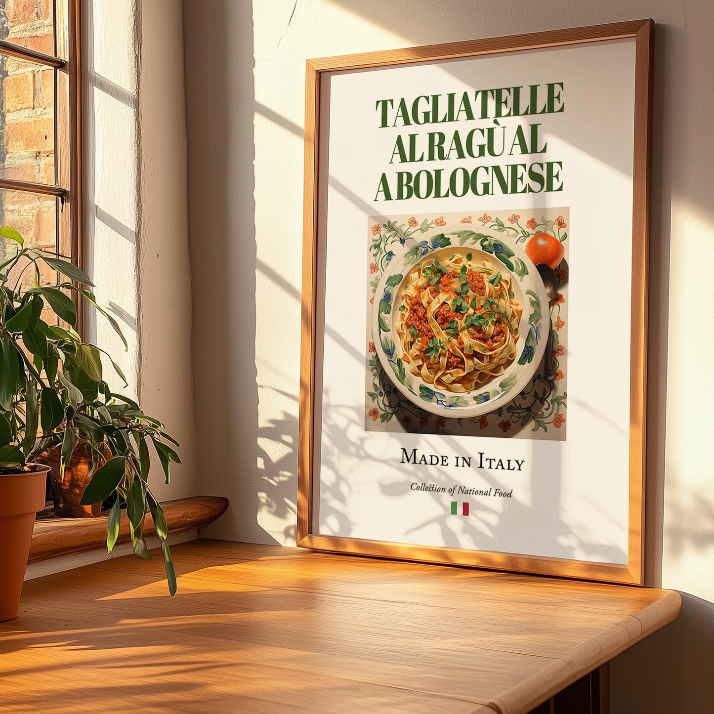 Tagliatelle al ragù alla Bolognese – Italian Pasta, Trattoria Poster, no-text version framed in wood