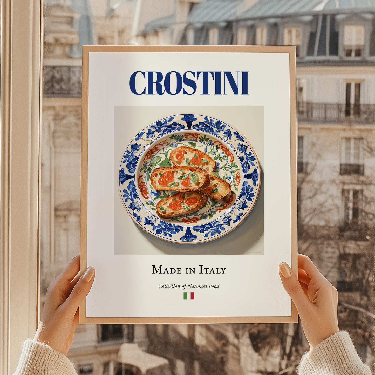 Crostini – Italian Dish, Café Poster, styled in a charming Paris street view