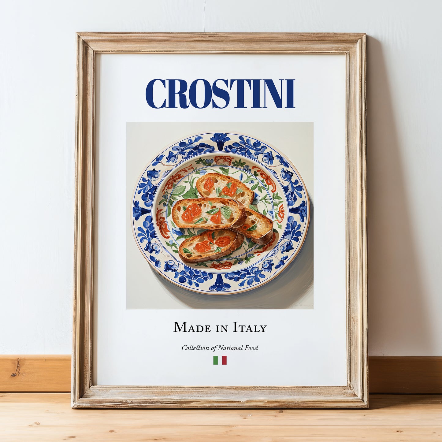 Crostini – Italian Dish, Café Poster, in wooden frame leaning on the floor