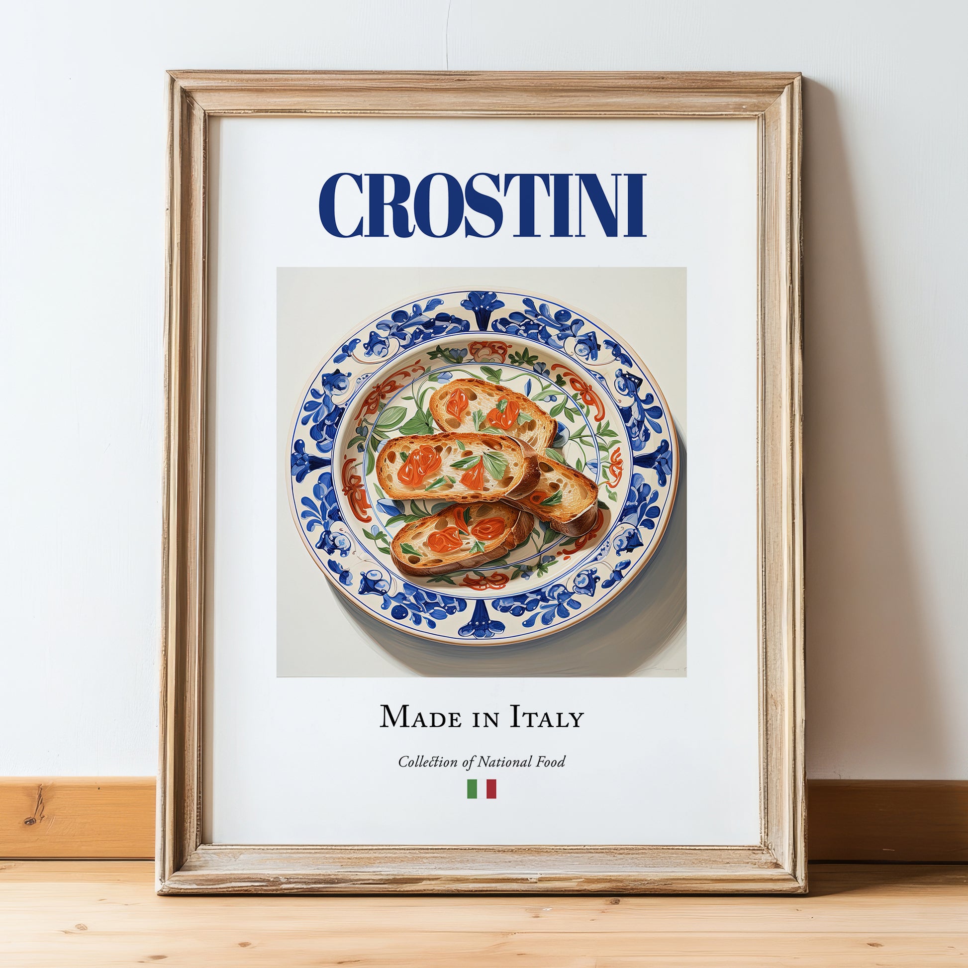 Crostini – Italian Dish, Café Poster, in wooden frame leaning on the floor