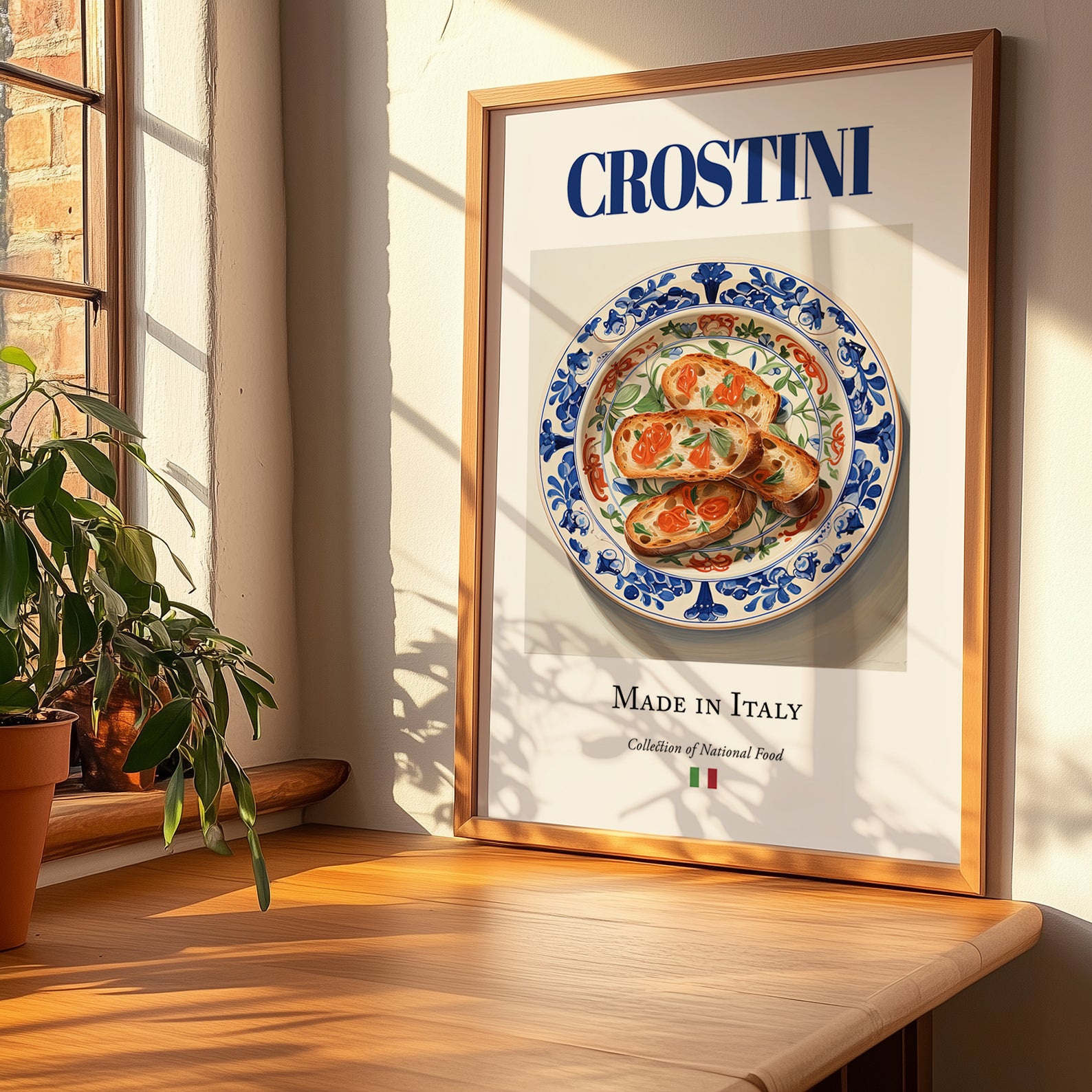Crostini – Italian Dish, Café Poster, no-text version framed in wood