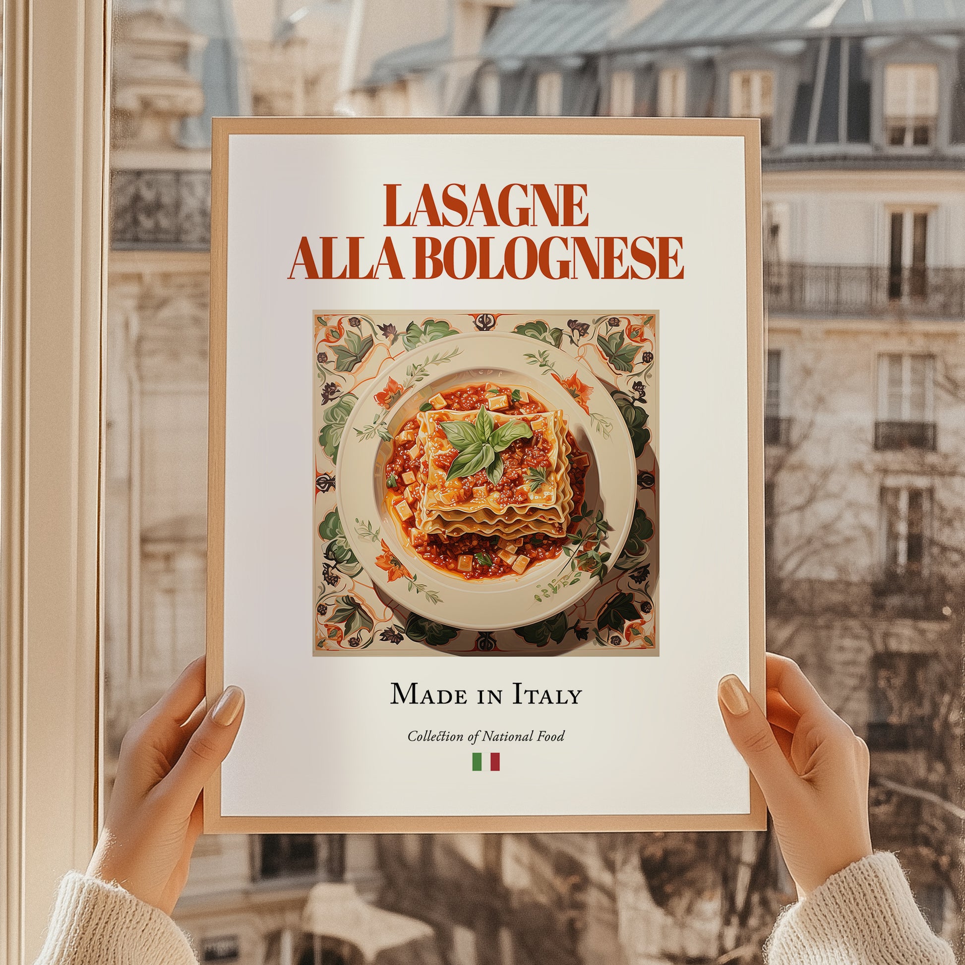 Lasagne alla Bolognese – Italian Dish, Fine Dining Restaurant Art, styled in a charming Paris street view