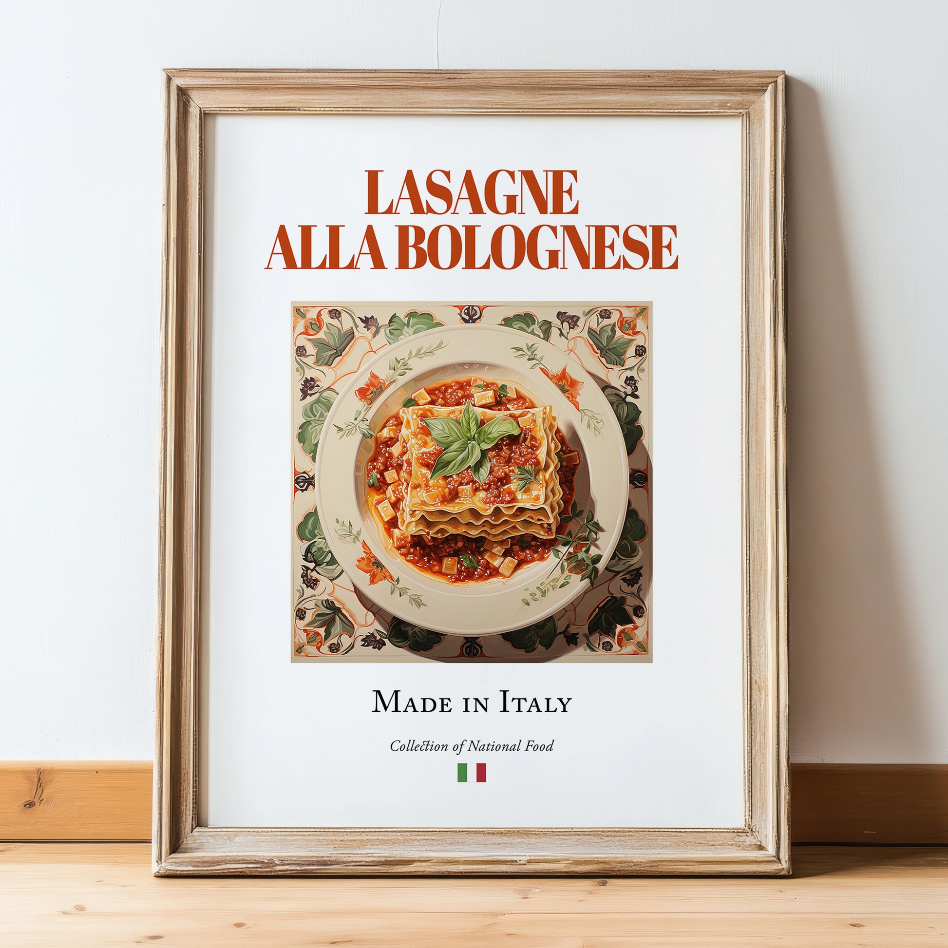 Lasagne alla Bolognese – Italian Dish, Fine Dining Restaurant Art, in wooden frame leaning on the floor