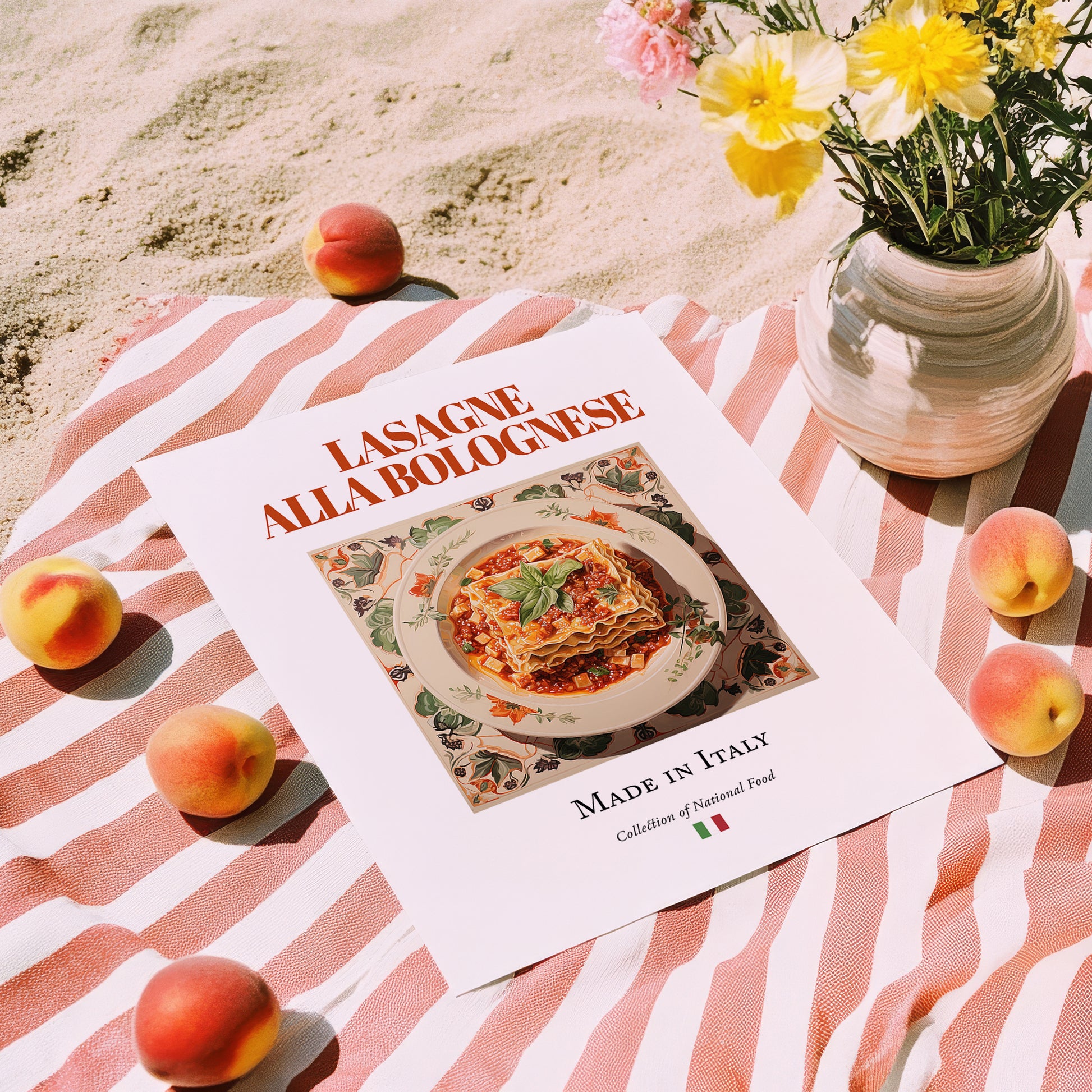 Lasagne alla Bolognese – Italian Dish, Fine Dining Restaurant Art, unframed on coastal sand