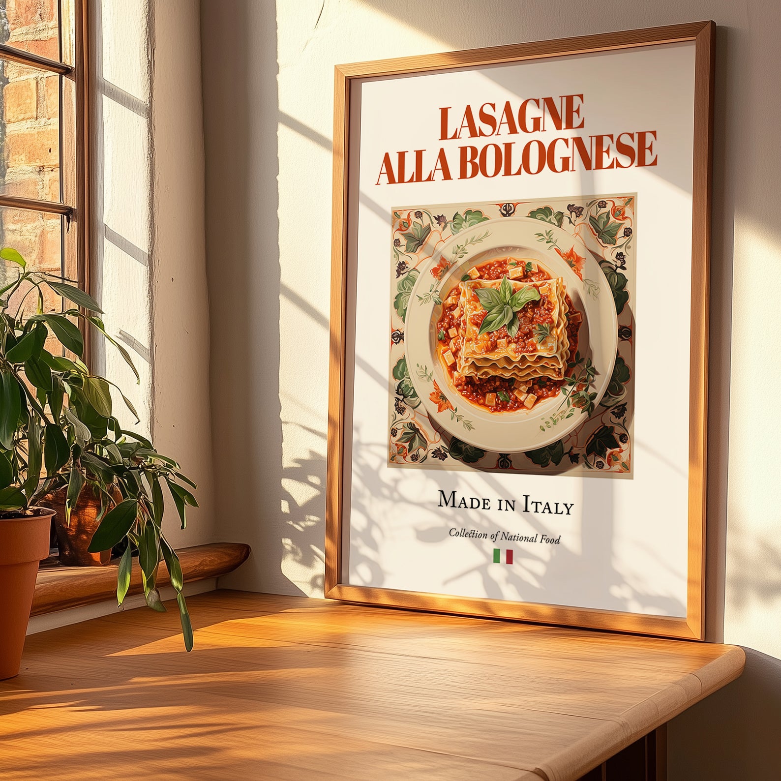 Lasagne alla Bolognese – Italian Dish, Fine Dining Restaurant Art, no-text version framed in wood