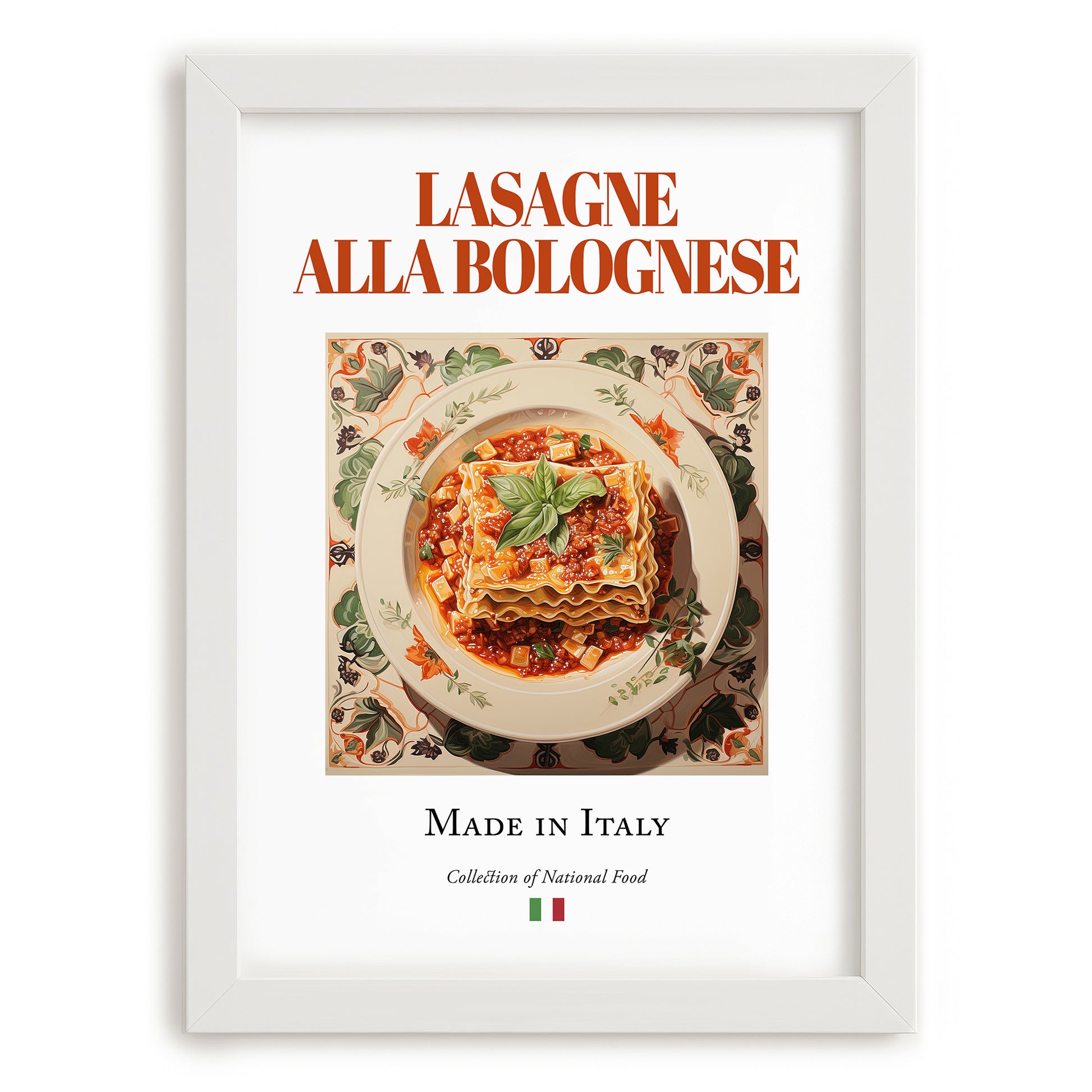 Lasagne alla Bolognese – Italian Dish, Fine Dining Restaurant Art, placed in minimal white frame