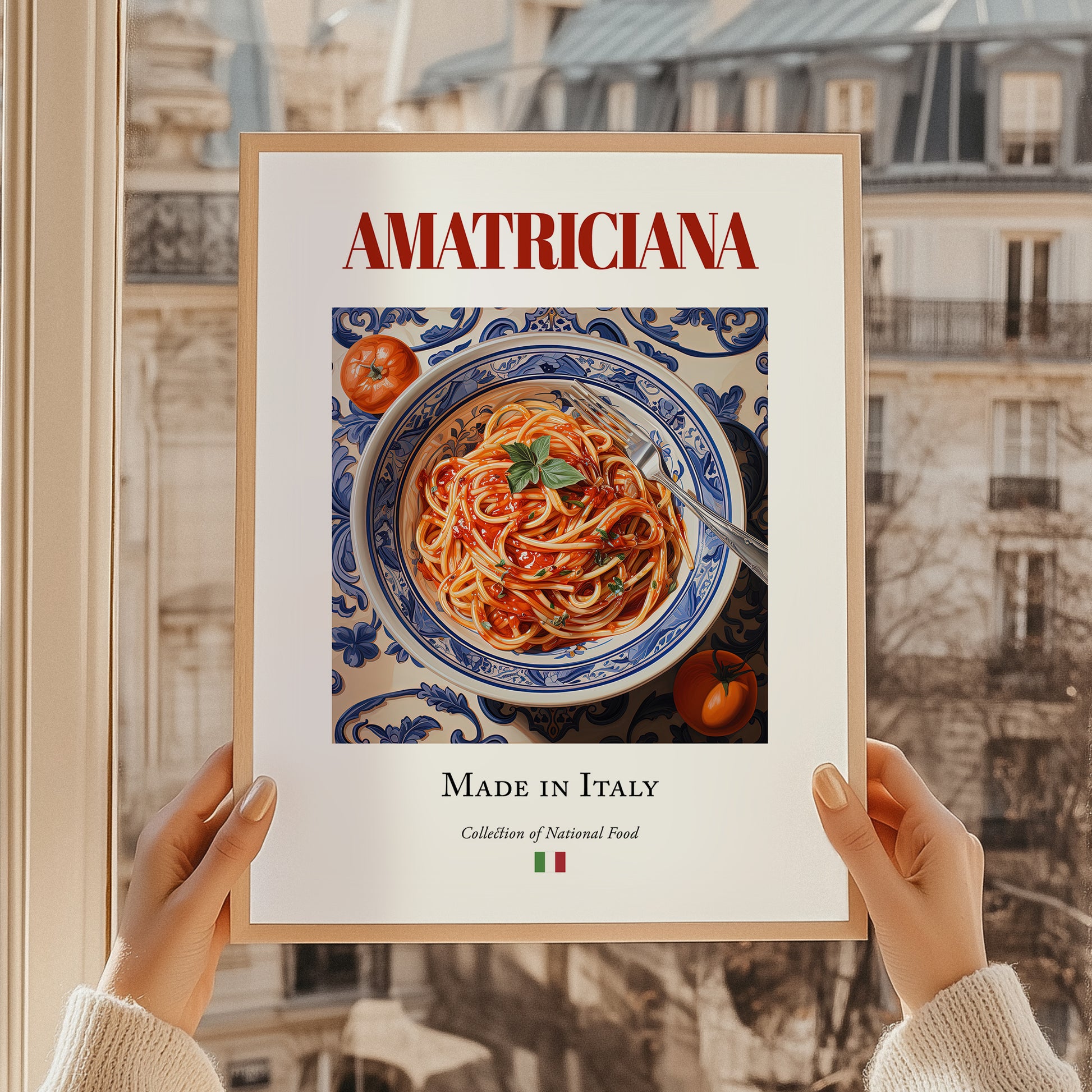 Amatriciana – Italian Pasta, Ristorante Print, styled in a charming Paris street view