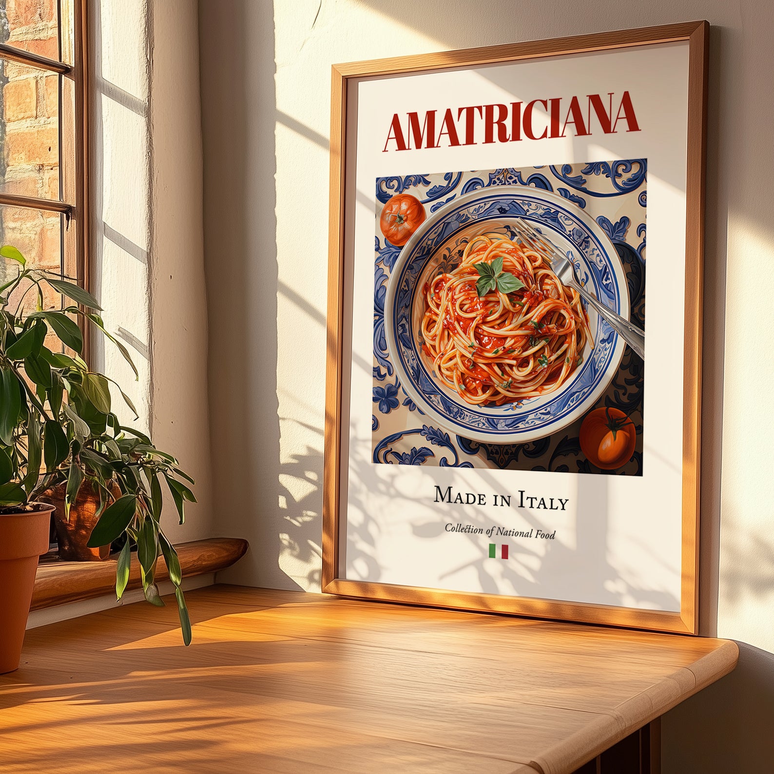 Amatriciana – Italian Pasta, Ristorante Print, no-text version framed in wood