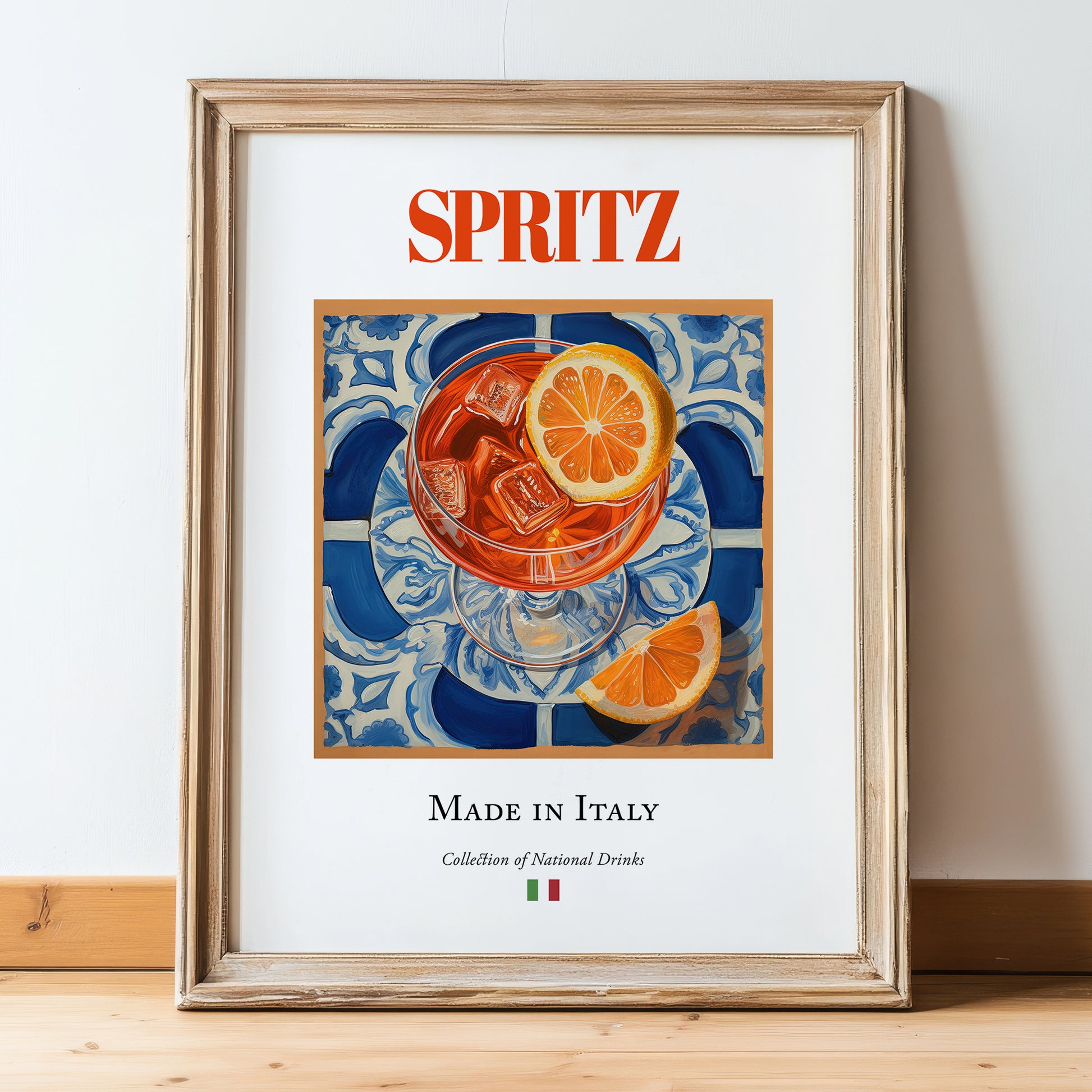 Spritz – Italian Cocktail Drink, Hotel Lobby Poster, in wooden frame leaning on the floor