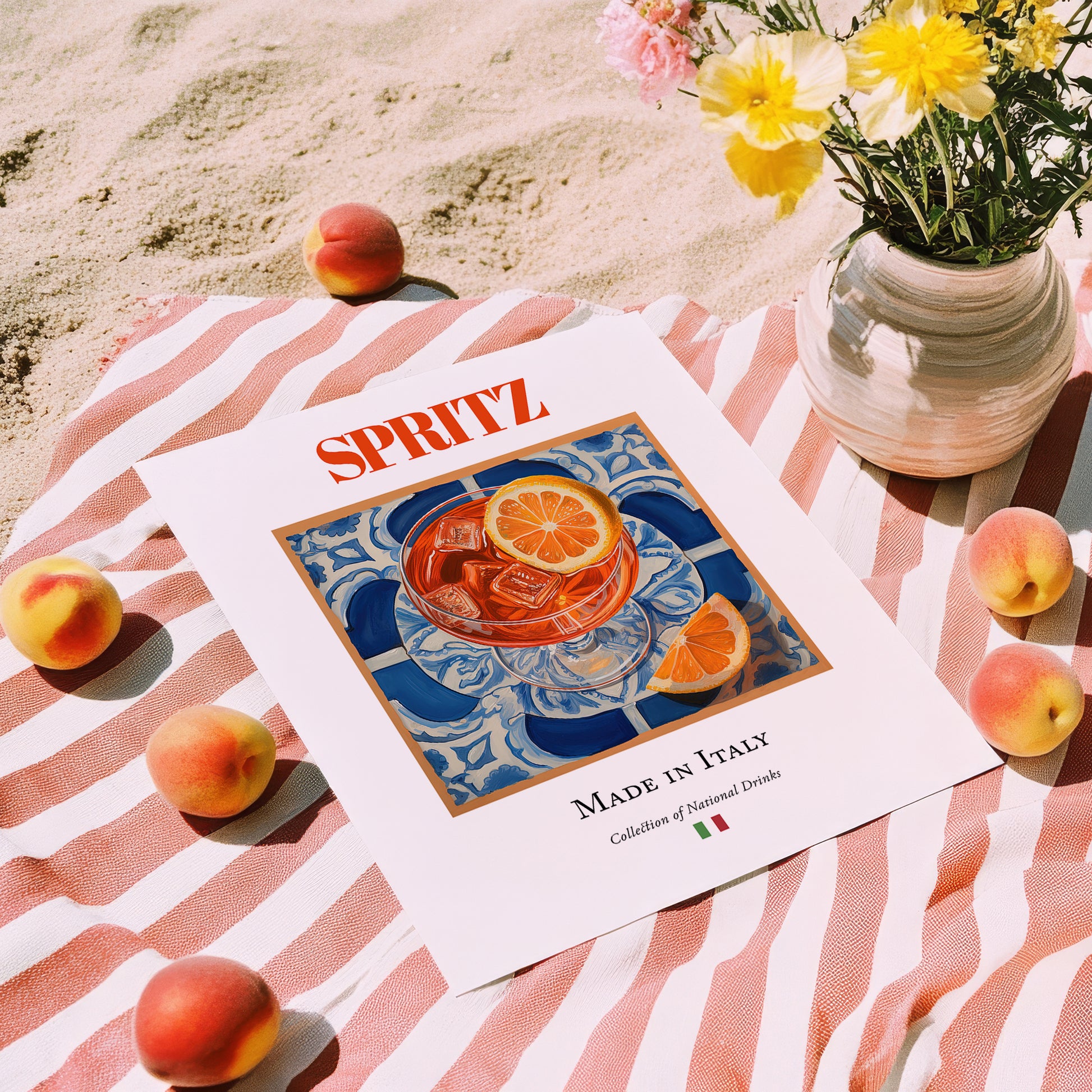Spritz – Italian Cocktail Drink, Hotel Lobby Poster, unframed on coastal sand