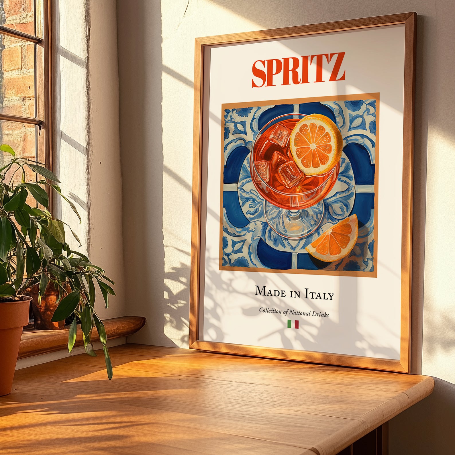 Spritz – Italian Cocktail Drink, Hotel Lobby Poster, no-text version framed in wood